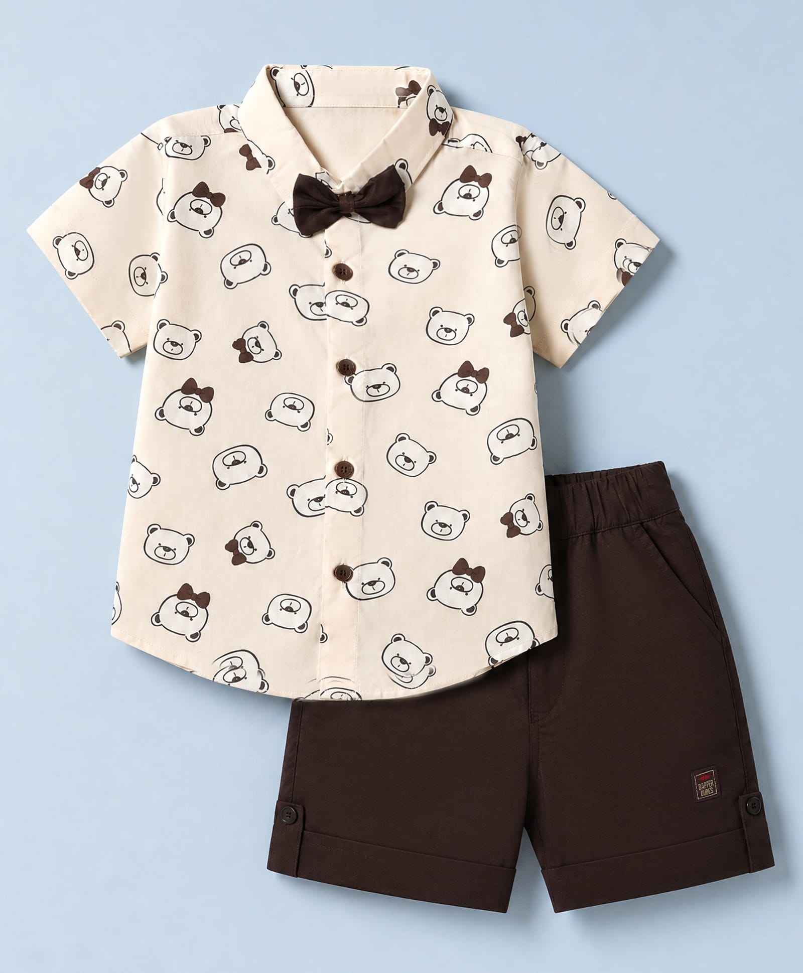 Dapper Dudes Cotton Woven Half Sleeves Bear Printed Shirt With Shorts & Bow - Light Peach-picture-38