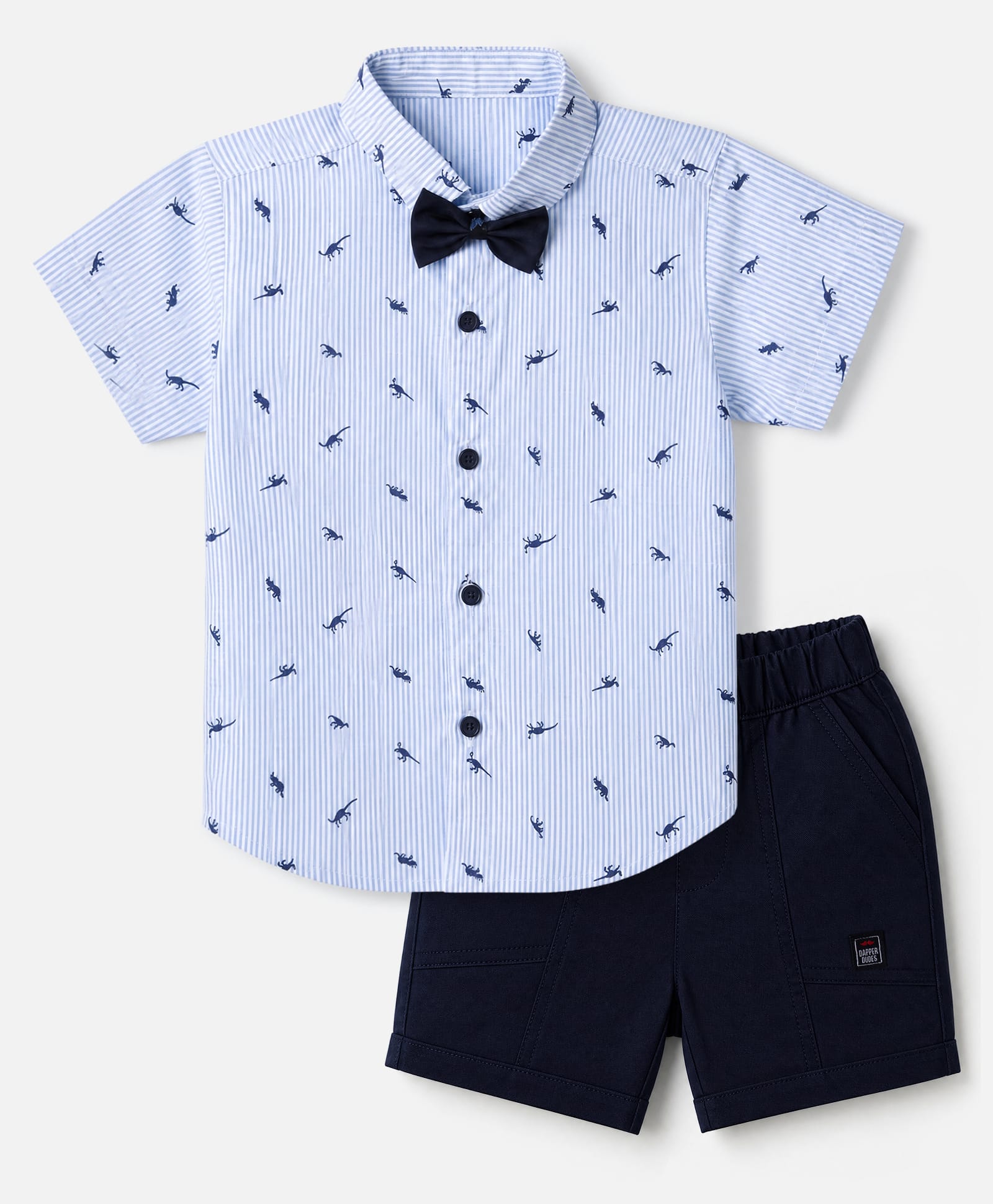 Dapper Dudes Cotton Woven Half Sleeves Dino Printed Striped Shirt With Bow & Shorts - Navy Blue-picture-12