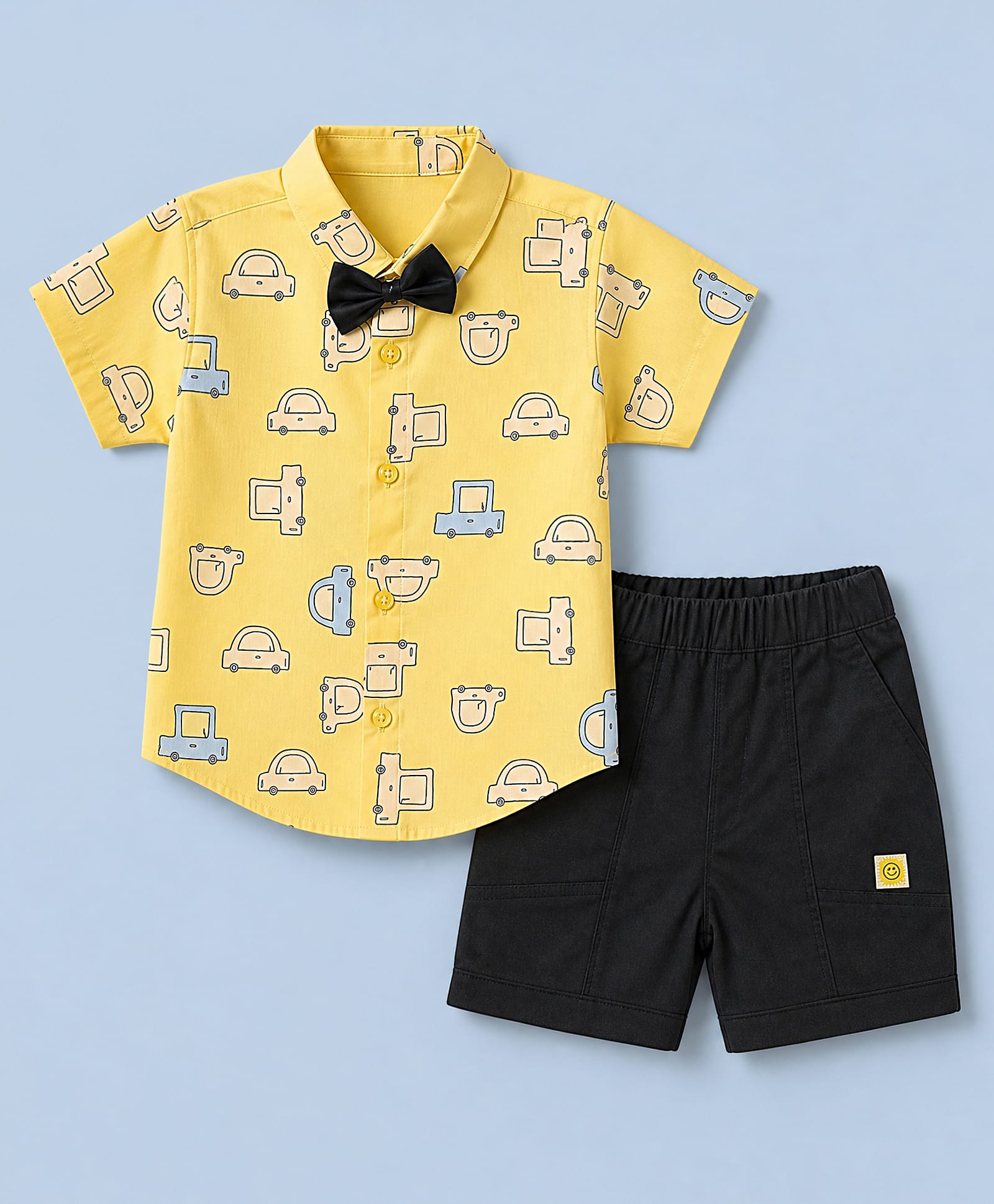 Dapper Dudes Cotton Woven Half Sleeves Car Printed Shirt With Bow & Shorts - Yellow-image-12
