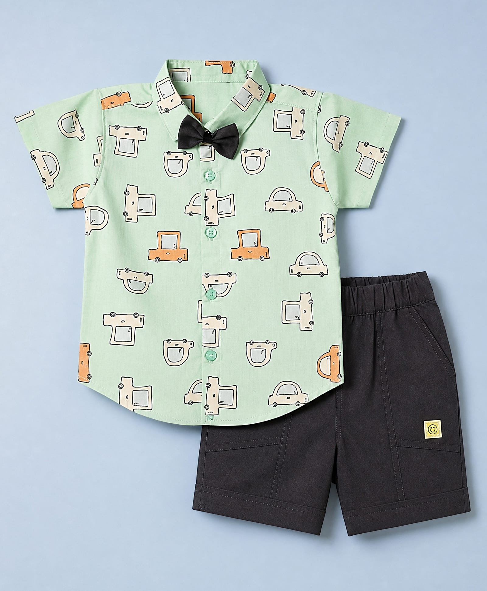 Dapper Dudes Cotton Woven Half Sleeves Car Printed Shirt With Shorts & Bow - Light Green-picture-15