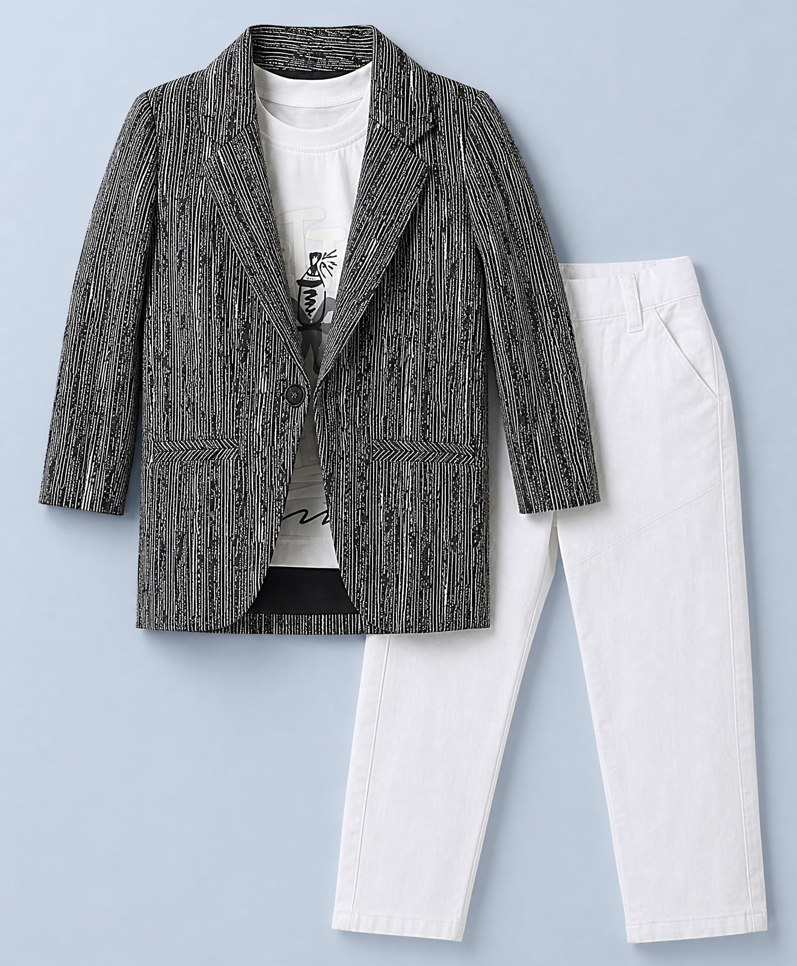 Dapper Dudes Cotton Woven Full Sleeves Textured Blazer With Text Printed Tee & Pant Set - Black-image-44