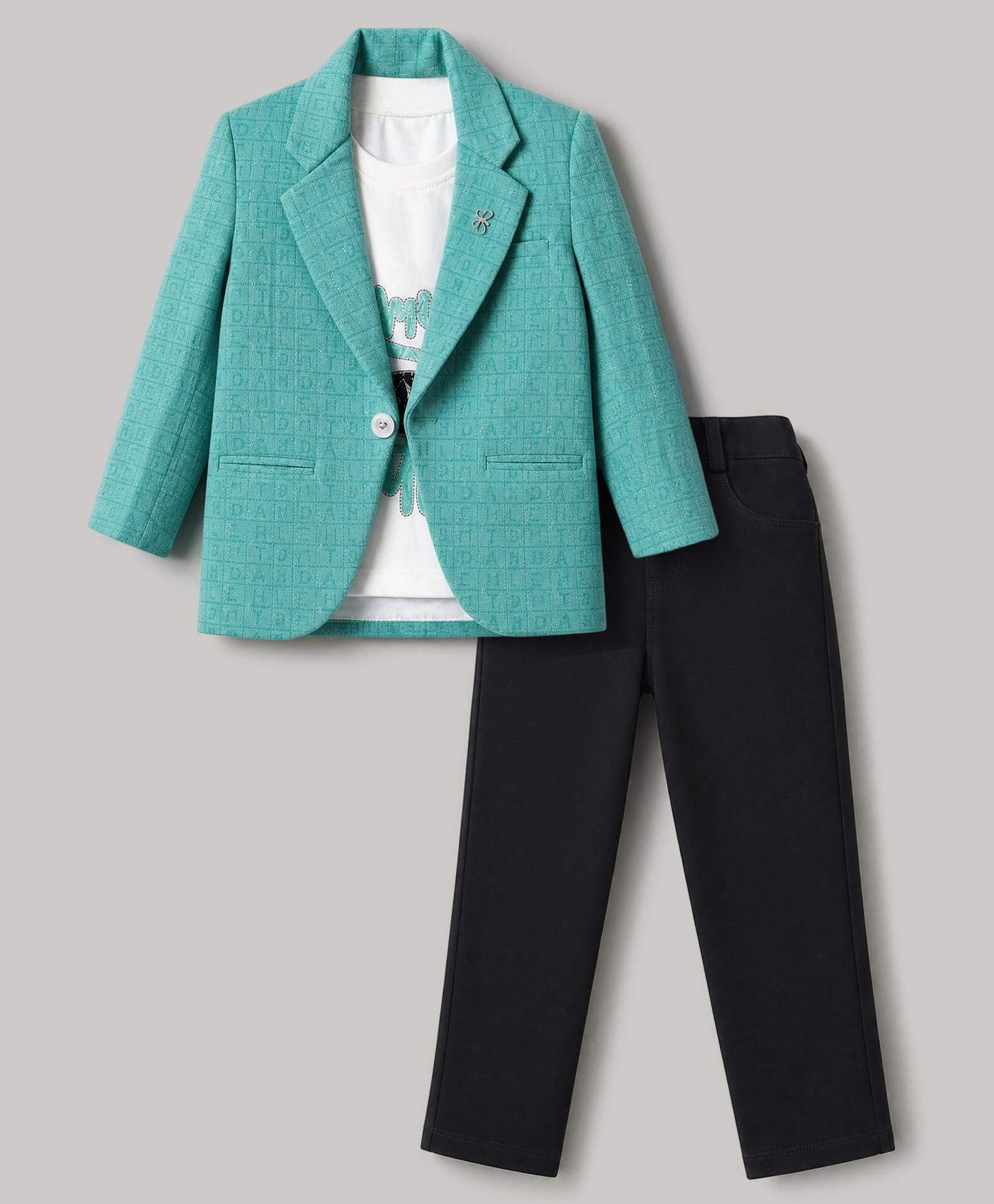 Dapper Dudes Cotton Woven Full Sleeves Textured Blazer With Text Printed Tee & Pant Set - Sea Green & Black-picture-14