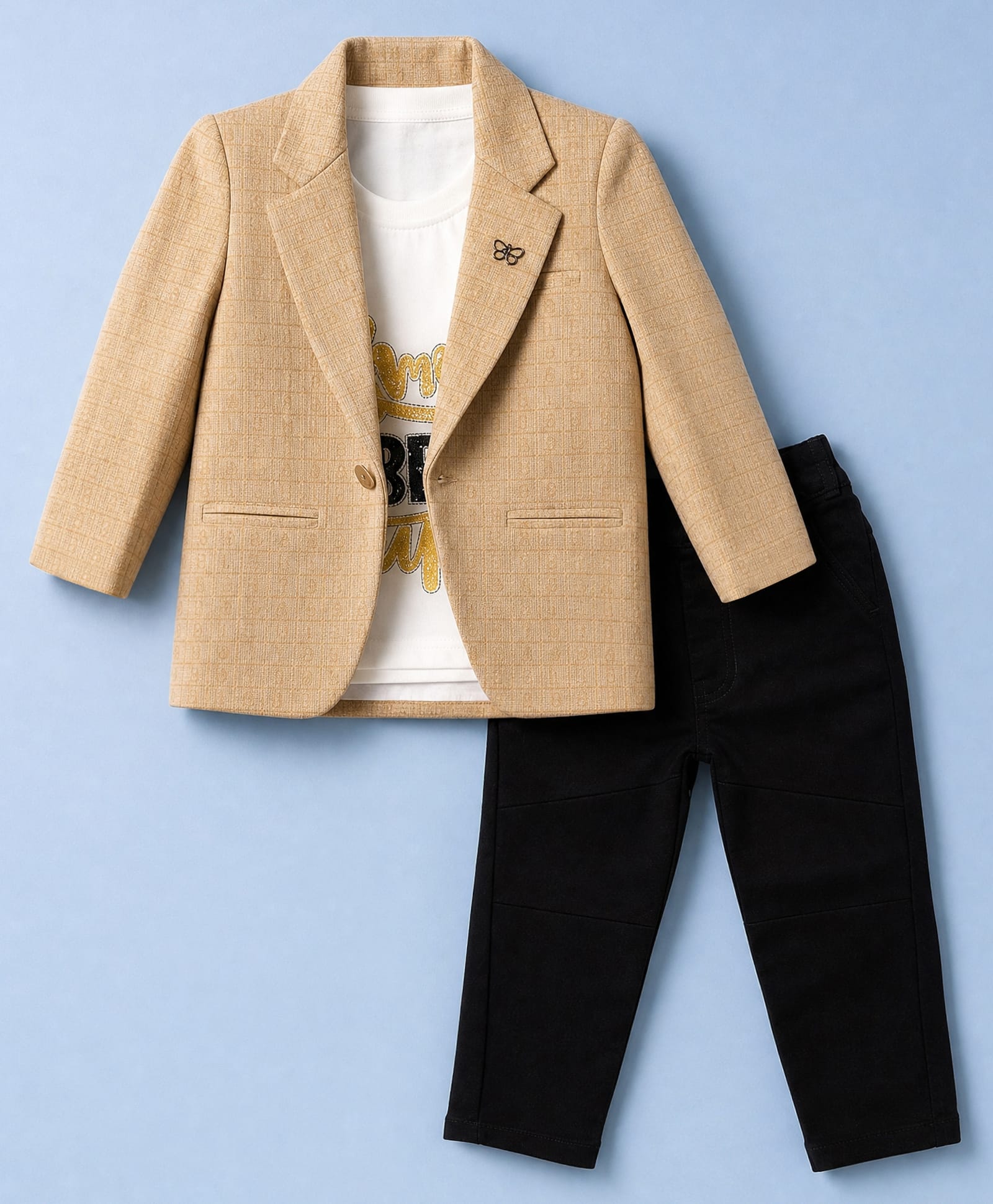 Dapper Dudes Cotton Woven Full Sleeves Textured Blazer With Text Printed Tee & Pant Set - Khaki & Black-picture-15