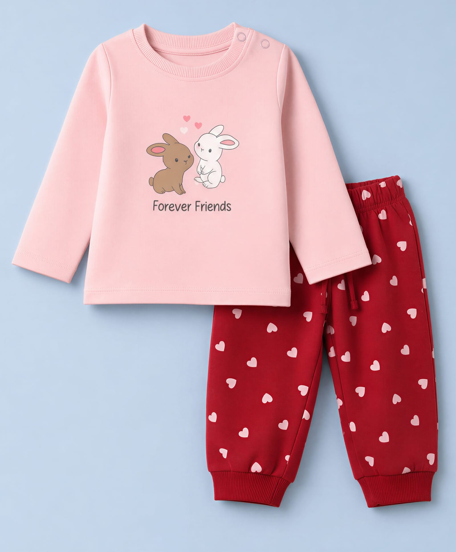 Doodle Poodle 100% Cotton Terry Knit Full Sleeves T-Shirt & Pyjama Winter Wear Night Suit with Bunny & Heart Print - Pink-image-24