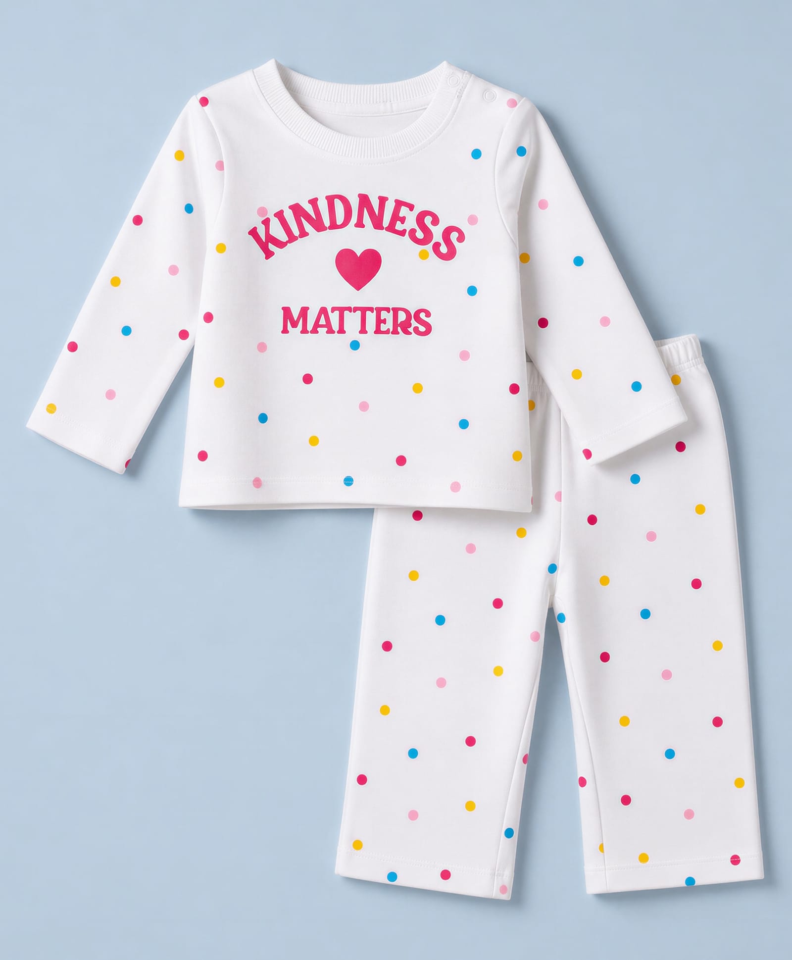 Doodle Poodle 100% Cotton Terry Knit Full Sleeves T-Shirt & Pyjama Winter Wear Night Suit with Polka Dots & Kindness Matters Print - White-picture-29