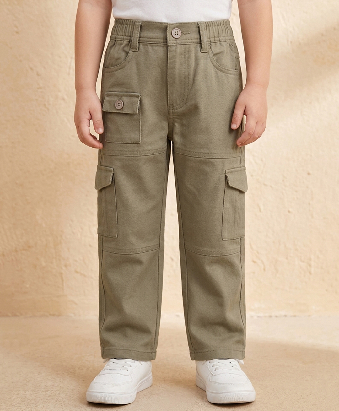 Rikidoos Cotton Woven Full Length Solid Color Jeans with Cargo Pockets - Khaki-image-49