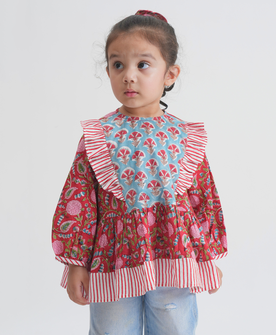 Tiber Taber Cotton Woven Full Sleeves Floral Printed Top - Red-picture-0