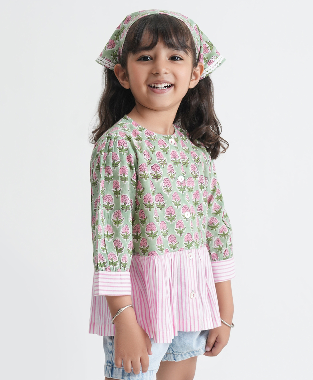Tiber Taber Cotton Woven Full Sleeves Floral Printed Top - Green-picture-2
