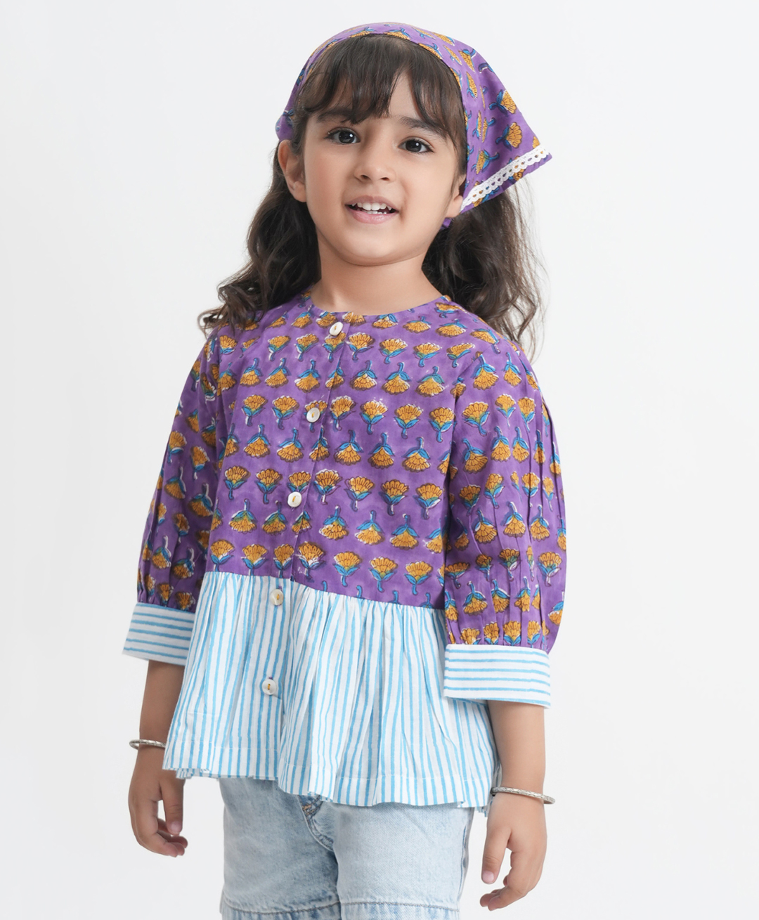 Tiber Taber Cotton Woven Full Sleeves Floral Printed Top - Purple-picture-1