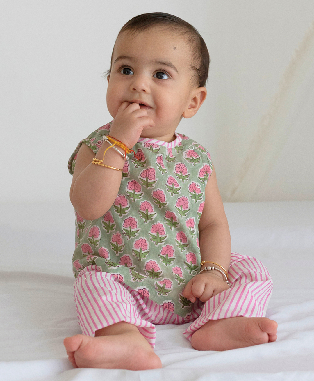 Tiber Taber 100% Cotton Woven Half Sleeves Floral Block Printed Tee & Striped Pyjamas Set - Green-picture-21