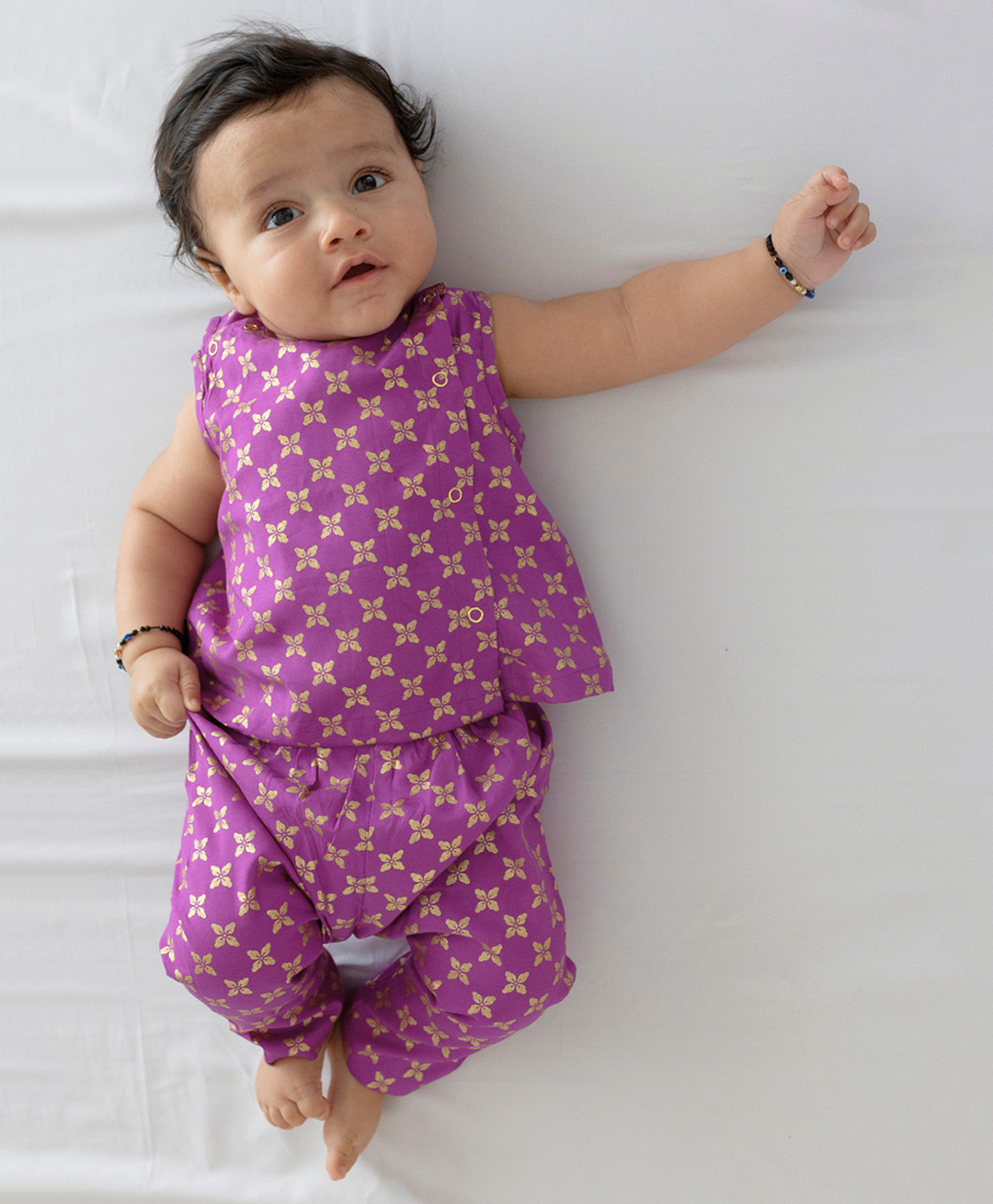 Tiber Taber 100% Viscose Woven Half Sleeves Floral Motifs Foil Printed Top & Pyjamas Set - Purple-image-48