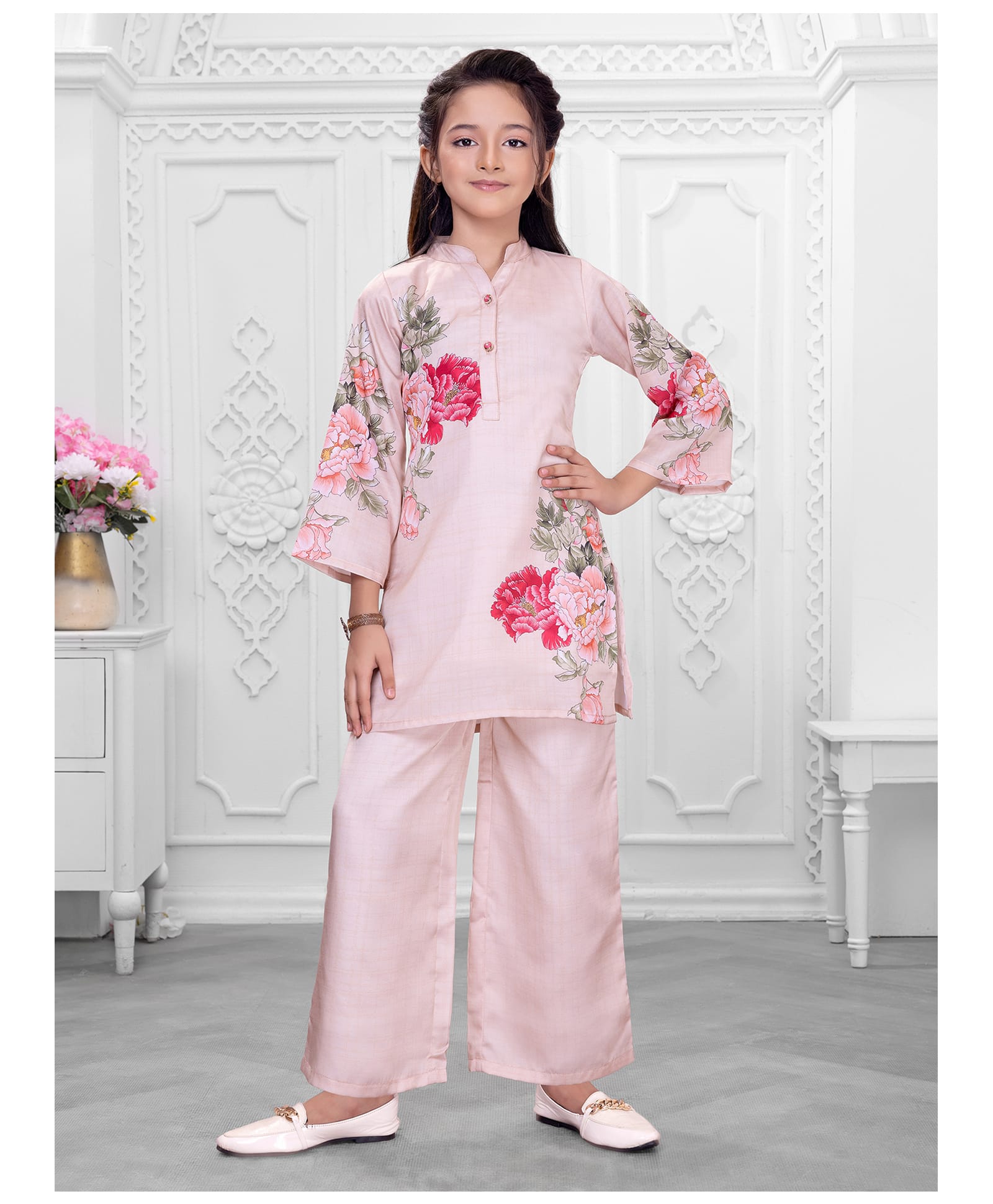 Ministitch Satin Woven Three Fourth Sleeves Floral Printed Kurti Palazzo Set - Cream-picture-1