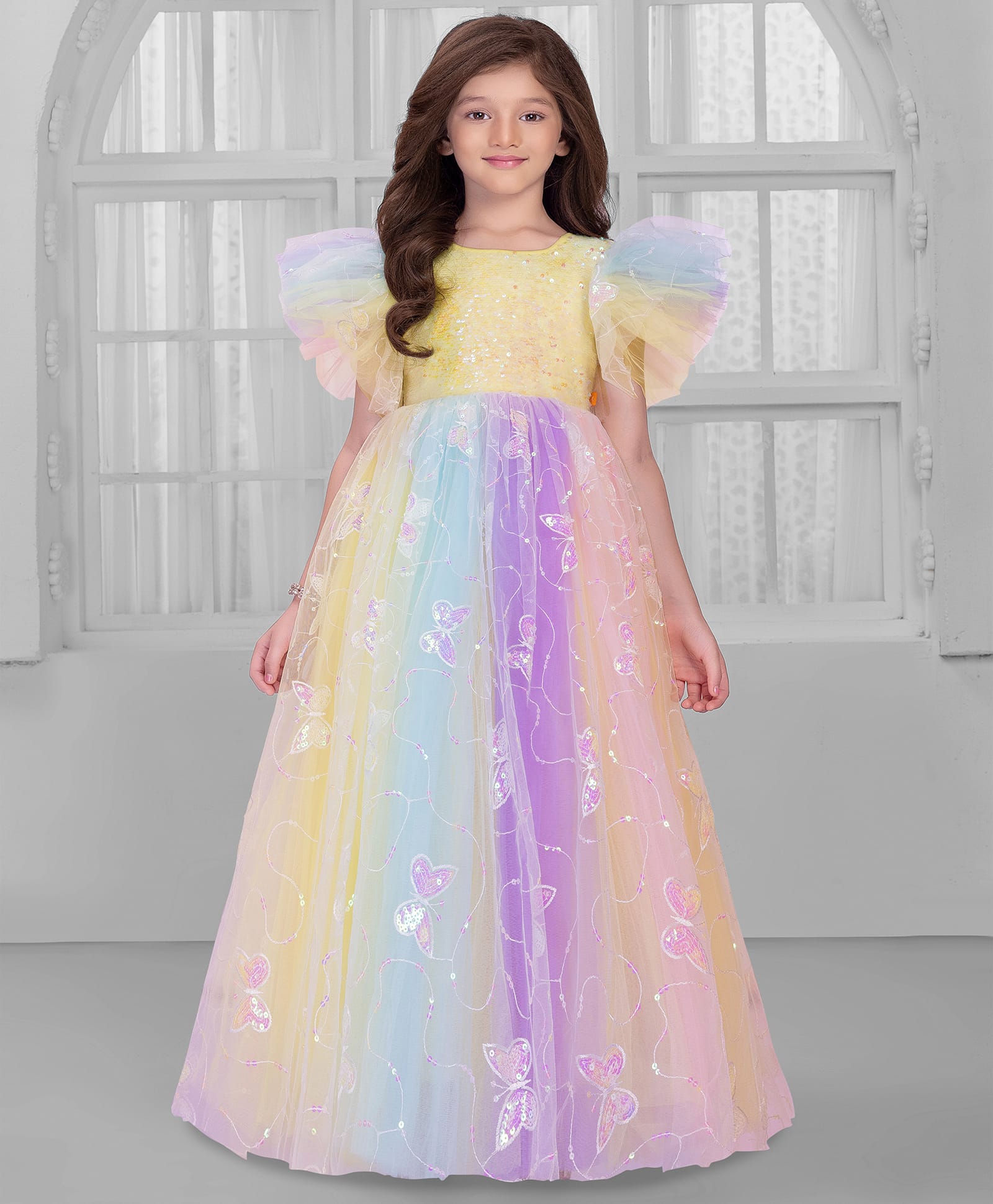 Ministitch Net Woven Frill Sleeves Sequin Embellished Butterfly Designed Gown - Multi Colour-picture-37