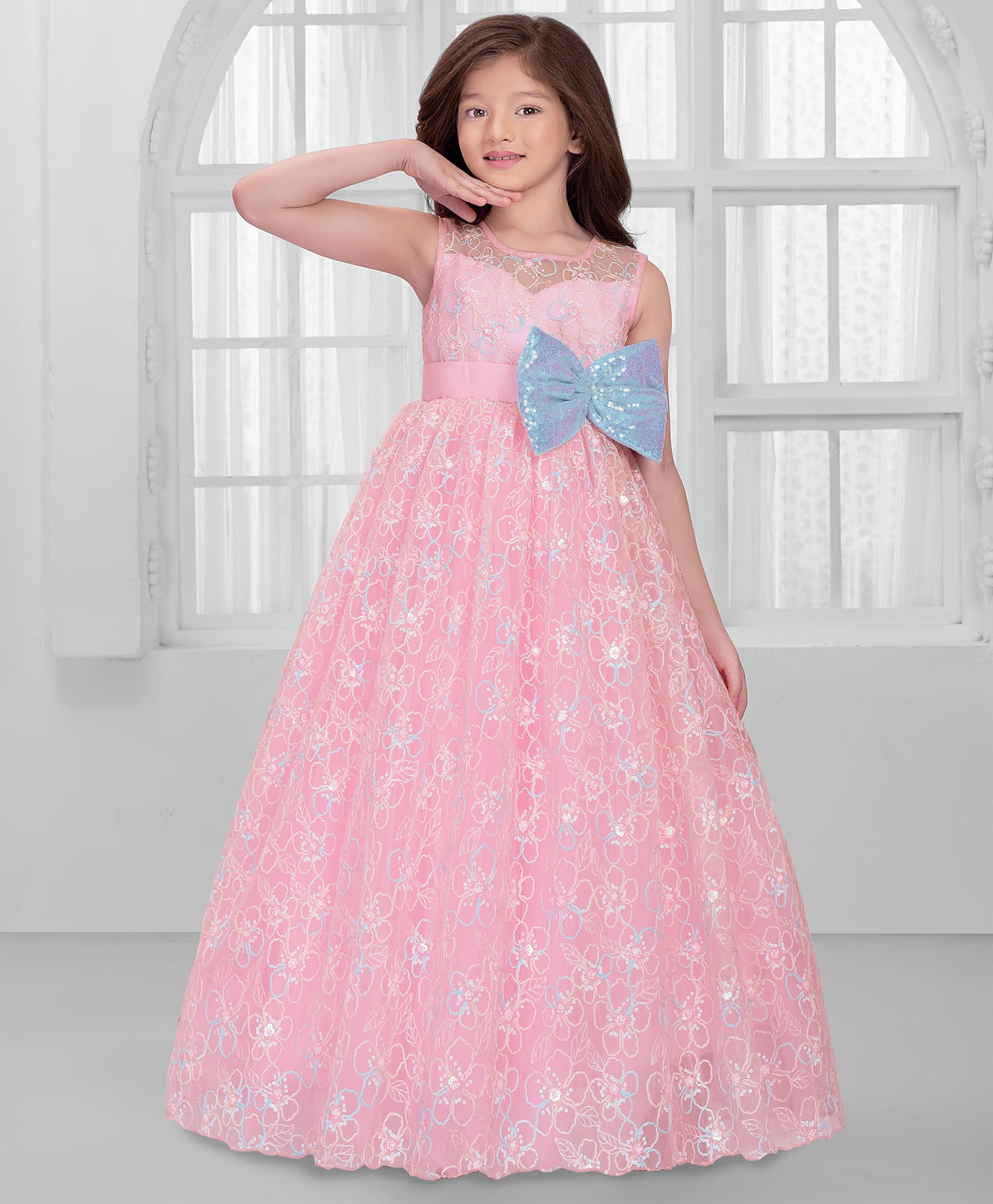 Ministitch Net Mesh Sleeveless Sequins Embellished Floral Designed & Bow Applique Detailed Gown - Baby Pink-picture-34