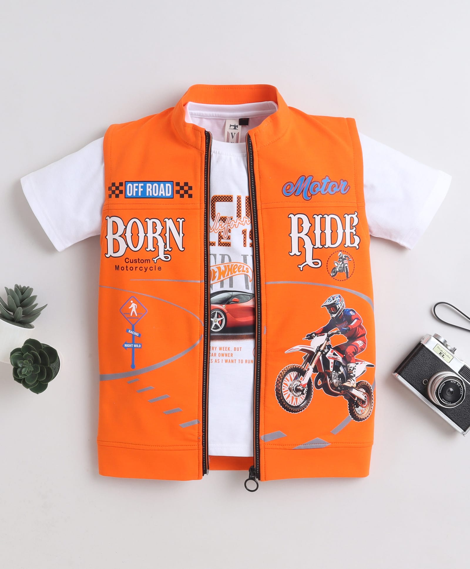Ministitch Cotton Elastane Woven Bike Printed Jacket With Half Sleeves Tee - Orange-picture-49