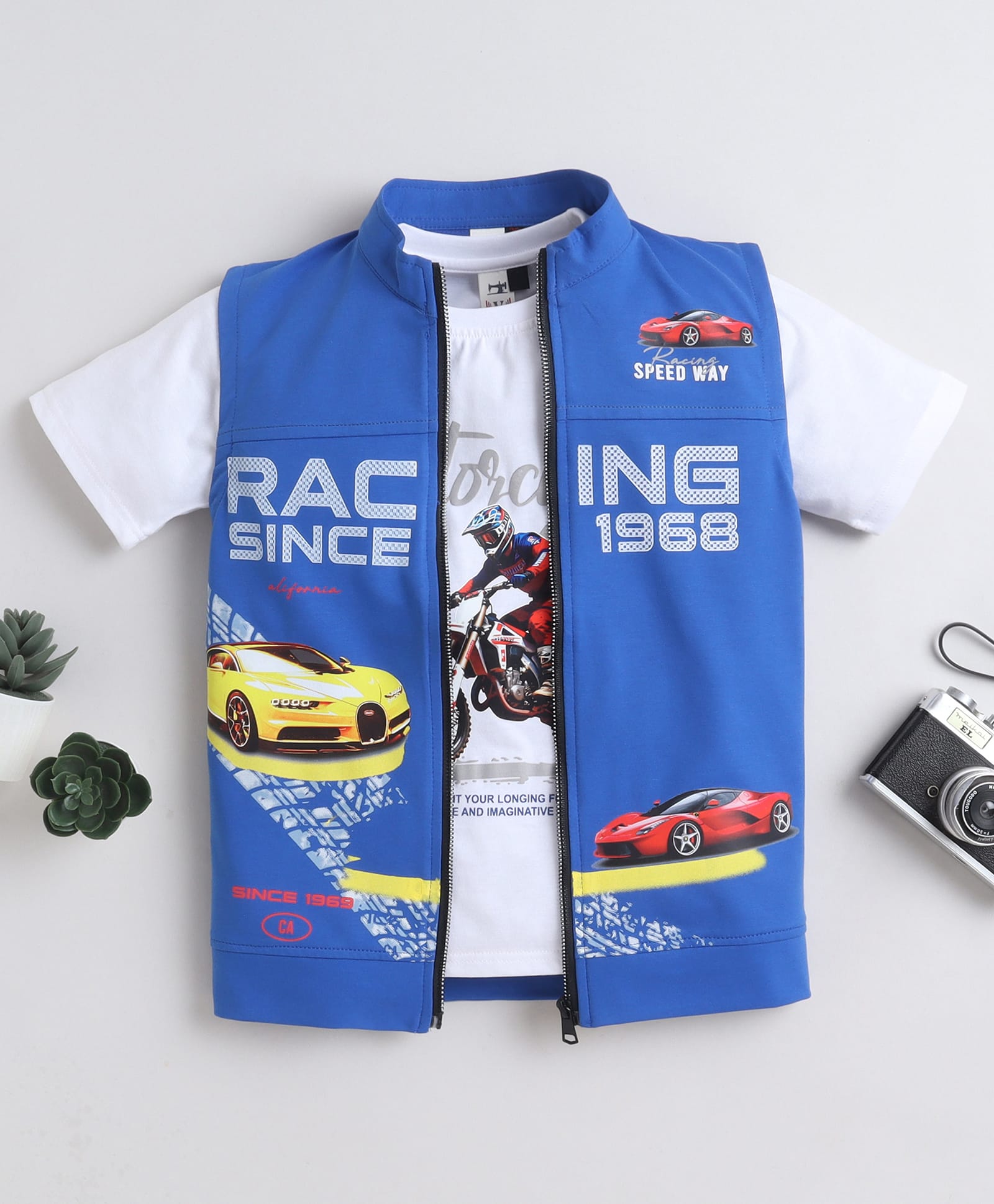 Ministitch Cotton Elastane Woven Racing Cars Printed Jacket With Half Sleeves Tee - Royal Blue-picture-48