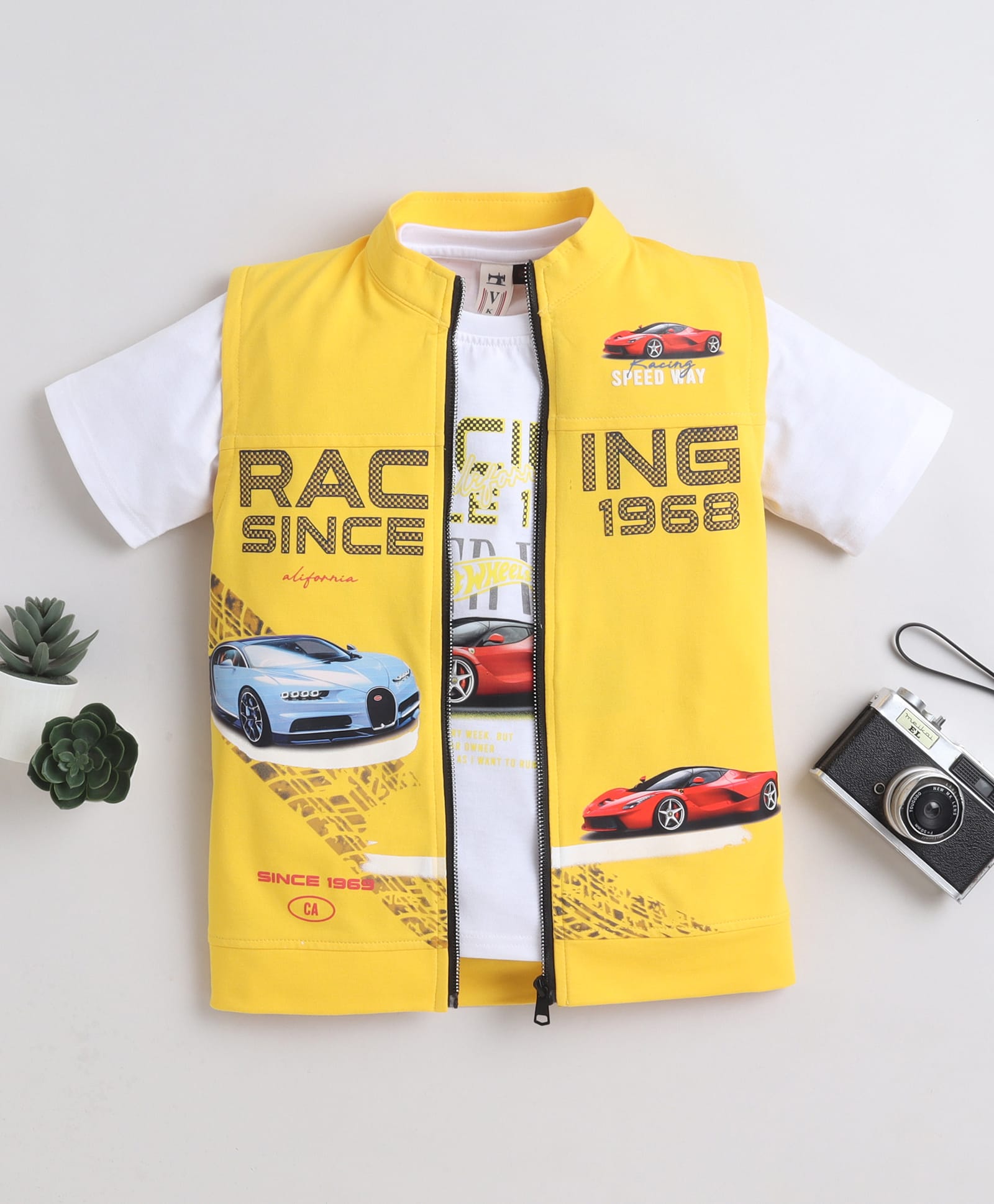 Ministitch Cotton Elastane Woven Racing Cars Printed Jacket With Half Sleeves Tee - Yellow-picture-15
