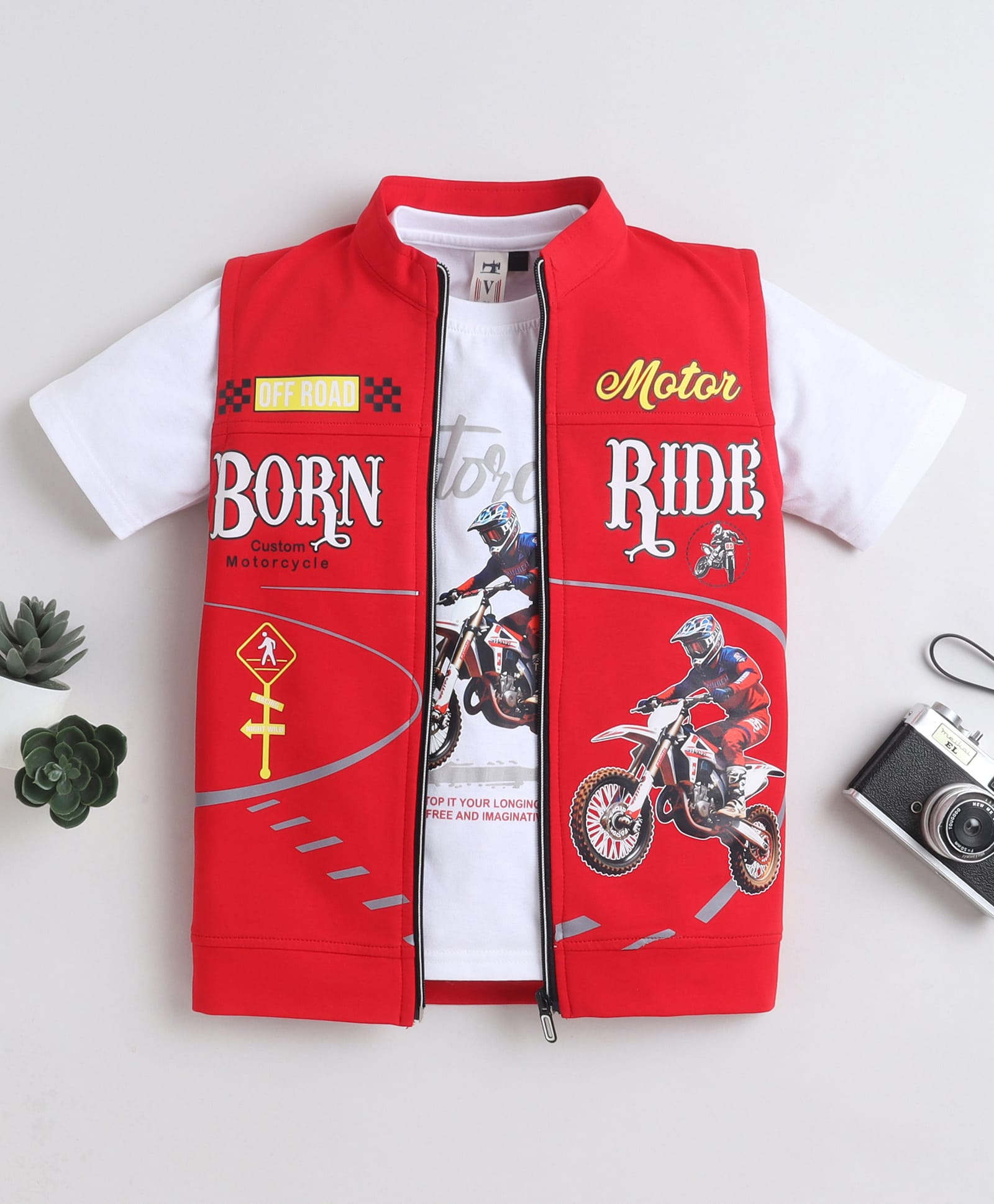 Ministitch Cotton Knit Dirt Bike Printed Jacket With Half Sleeves Tee - Red-picture-18