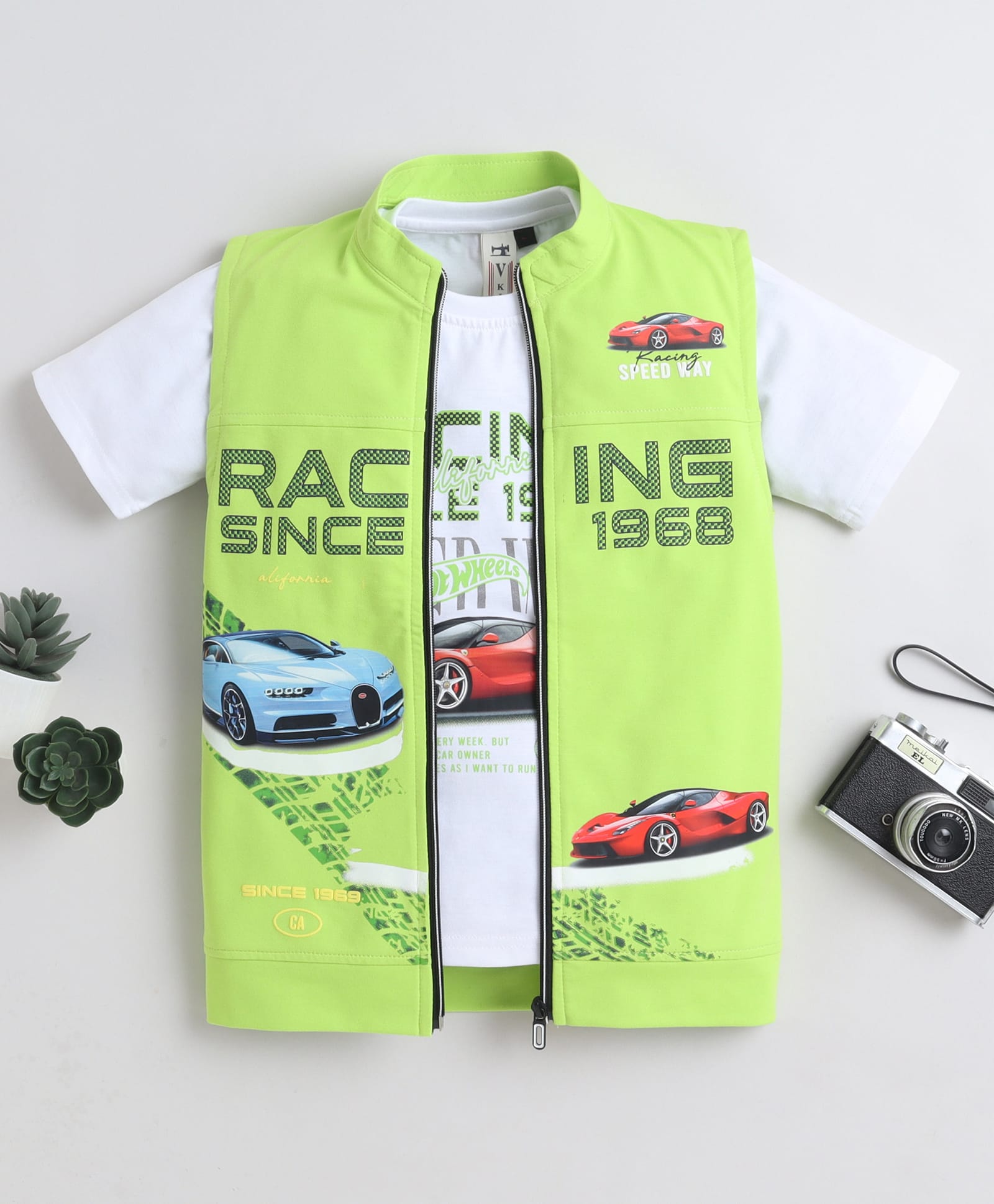 Ministitch Cotton Elastane Woven Racing Cars Printed Jacket With Half Sleeves Tee - Green-image-37