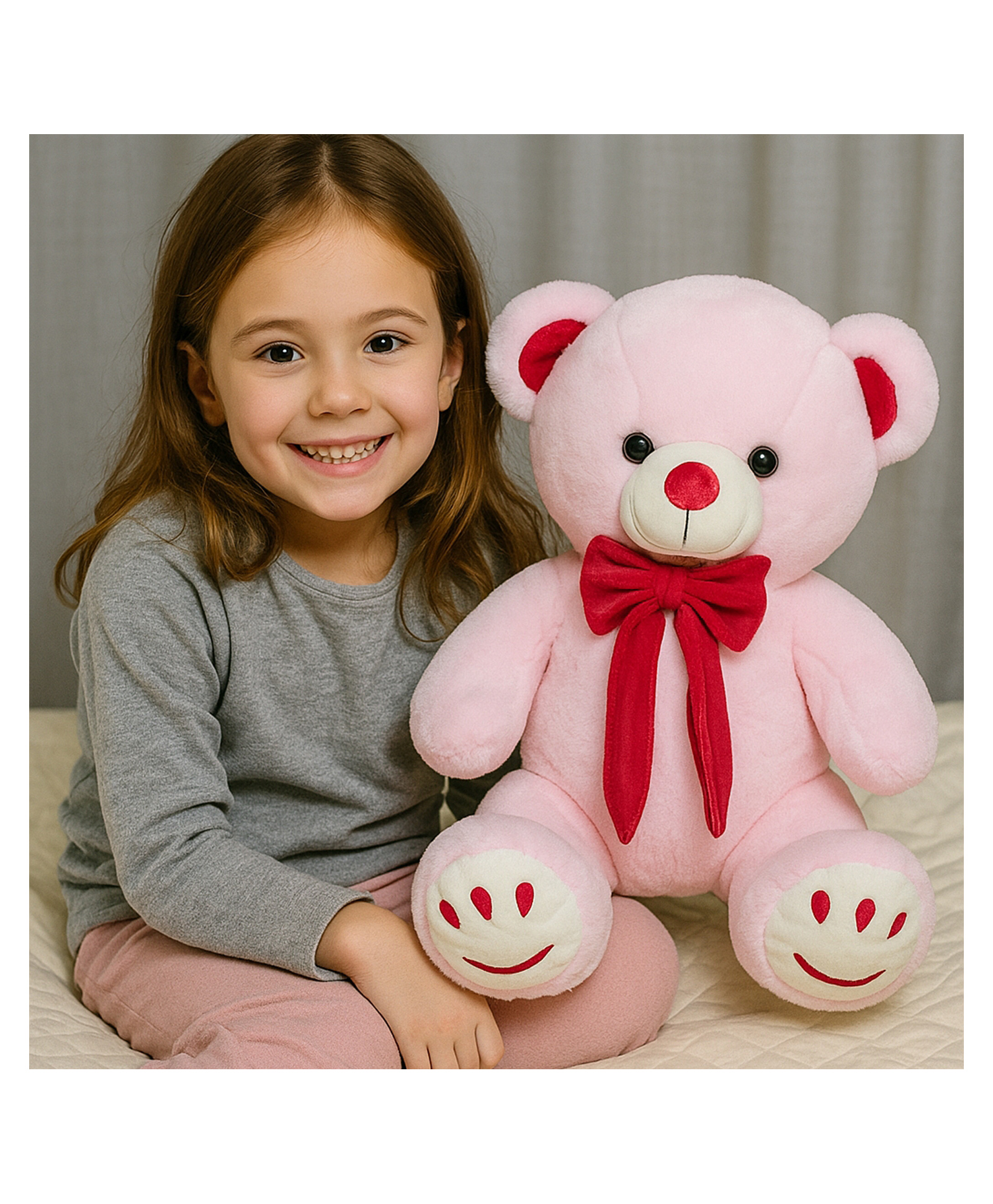 Goldenhub Smily Sole Plush Pink Teddy Bear with Hot Pink Bow, 30 cm-picture-13