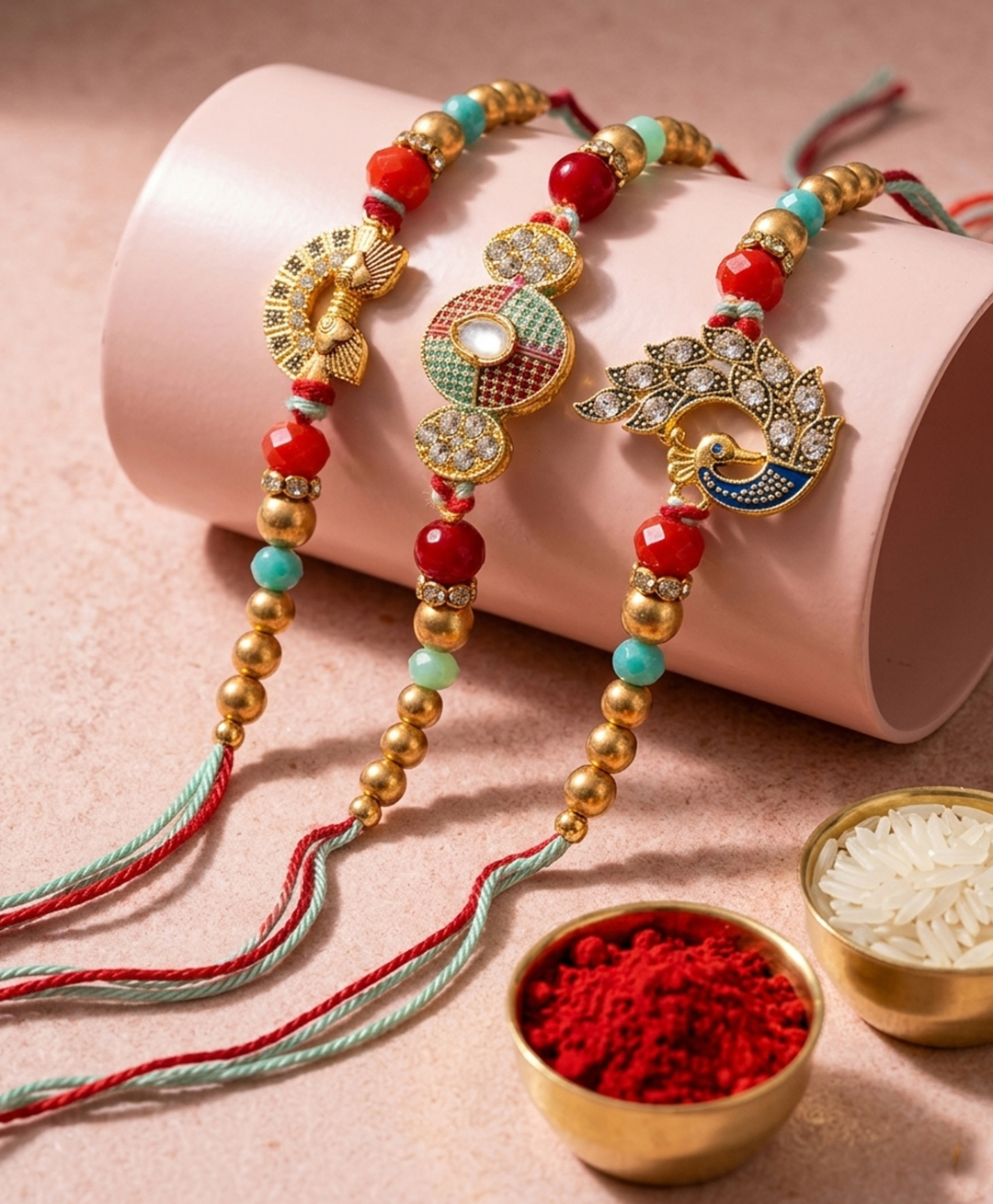 NVR Set of 3 Artificial Stones & Beads Decorative Thread Rakhi with Roli Chawal Chandan-picture-12