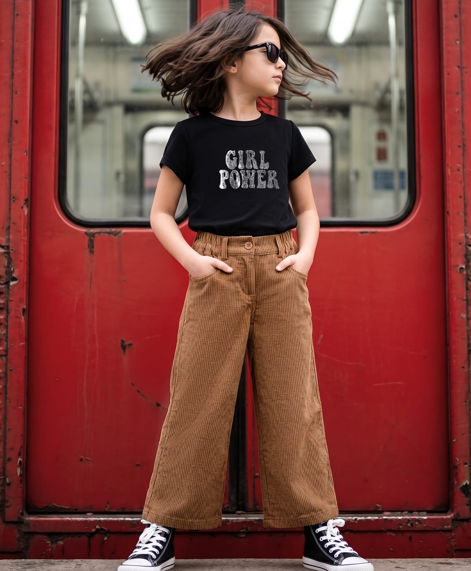OLLINGTON ST. Cotton Sinker Knit Half Sleeves Top & Twill Culottes With Girl Power Print - Brown & Black-image-4