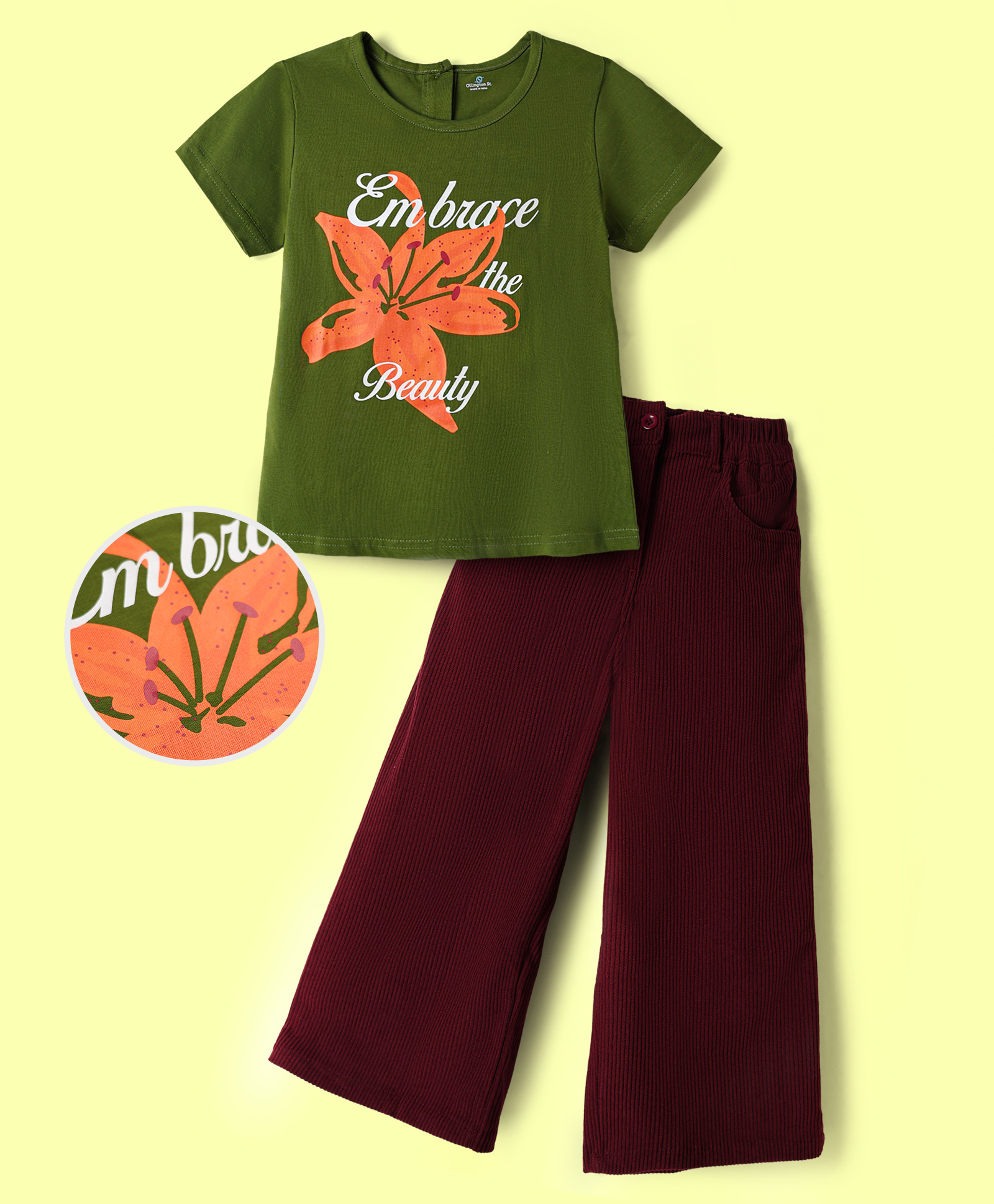 Ollington St. Cotton Knit Half Sleeve Top & Twill Culottes Set with Floral & Embrace the Beauty Print - Green & Maroon-image-15