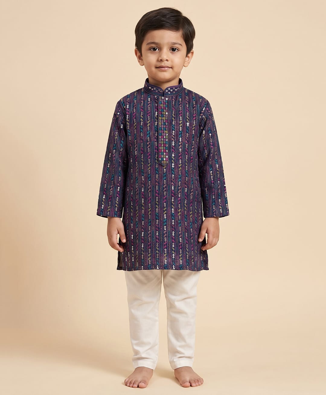 Ridokidz Cotton Woven Full Sleeves Sequinned Kurta & Pyjama Set - Navy Blue-image-45