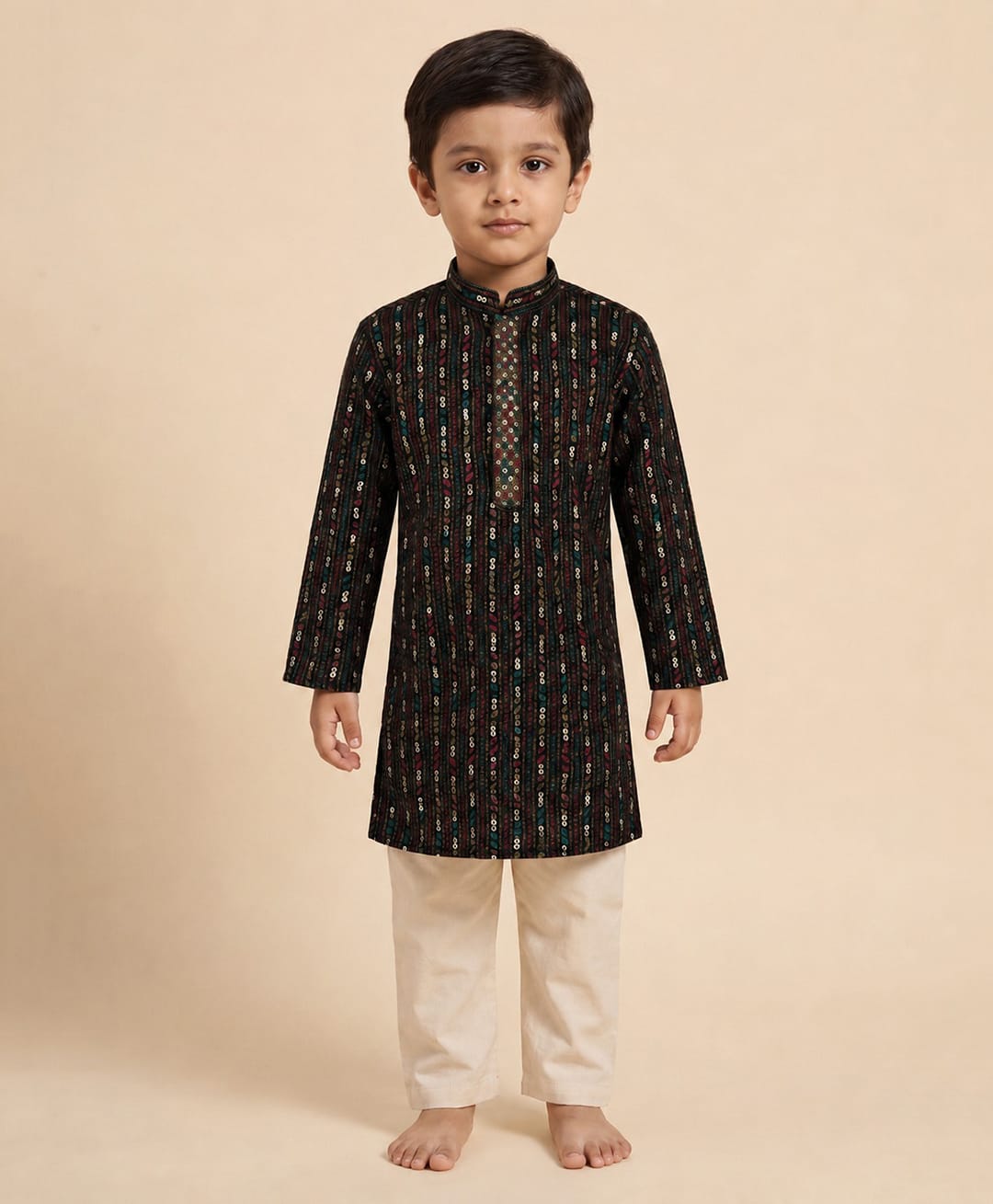 Ridokidz Cotton Woven Full Sleeves Sequinned Kurta & Pyjama Set - Black-picture-23