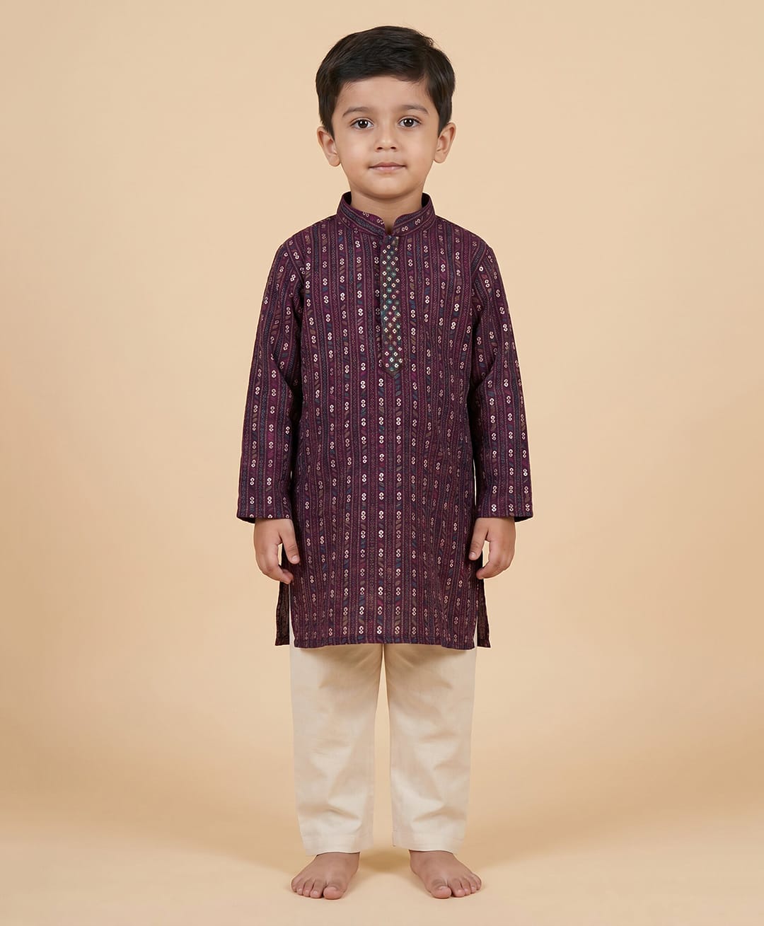 Ridokidz Cotton Woven Full Sleeves Sequinned Kurta & Pyjama Set - Maroon-picture-22