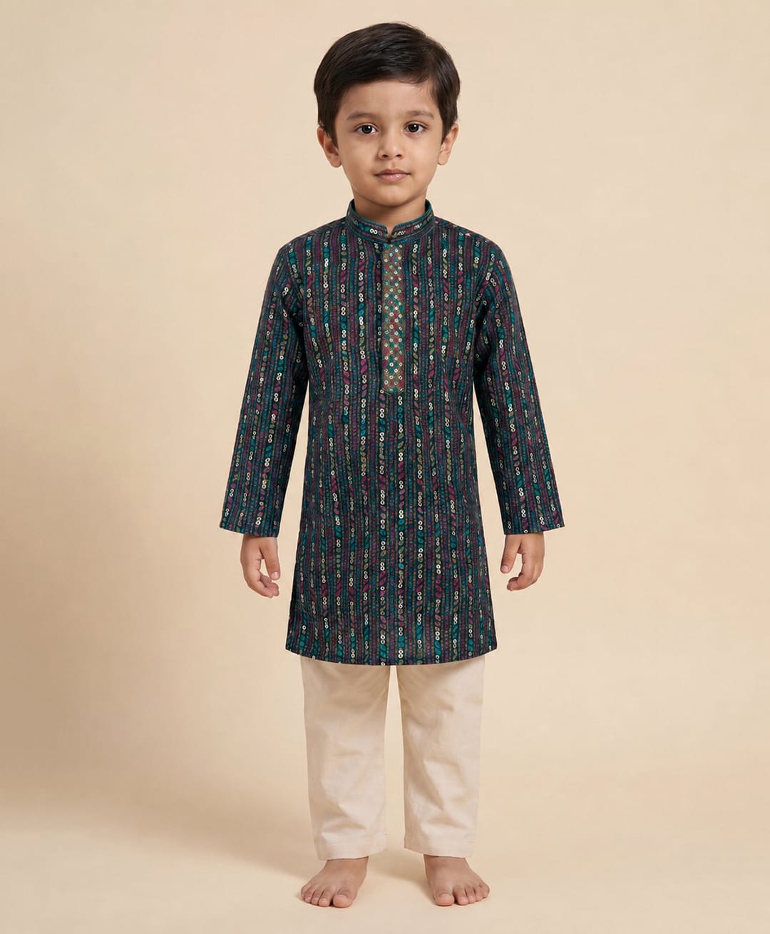 Ridokidz Cotton Woven Full Sleeves Sequinned Kurta Pyjama Set - Teal Blue-picture-14