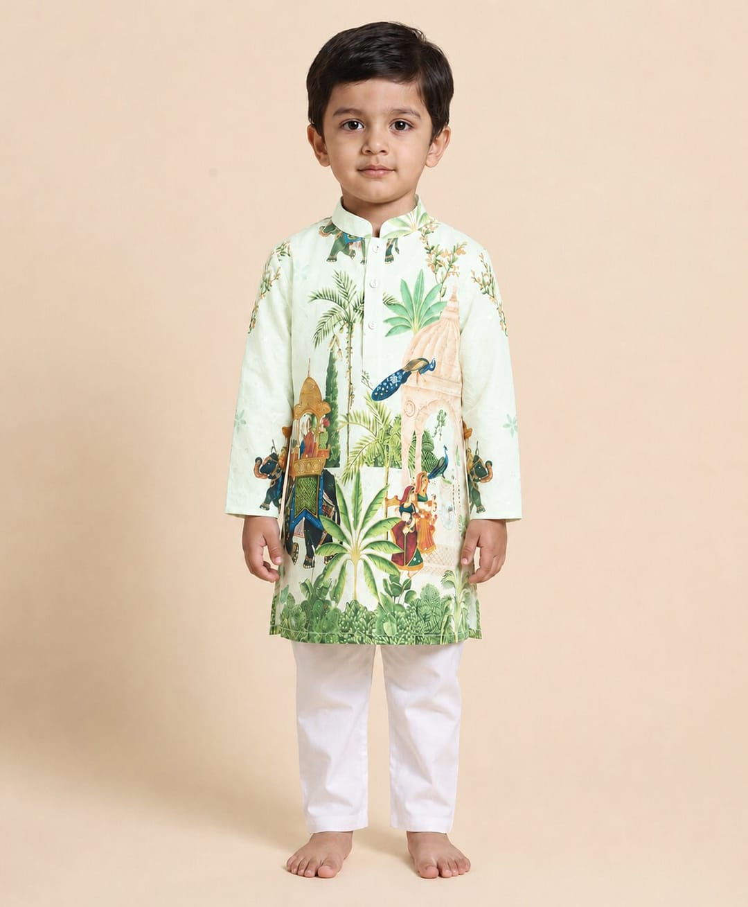 Ridokidz Cotton Woven Full Sleeve Kurta Pajama With Tropical Theme Print - Light Blue-picture-6