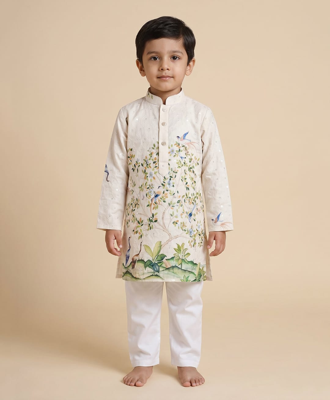 Ridokidz Cotton Woven Full Sleeves Birds Printed Kurta & Pyjama Set - OffWhite-picture-48