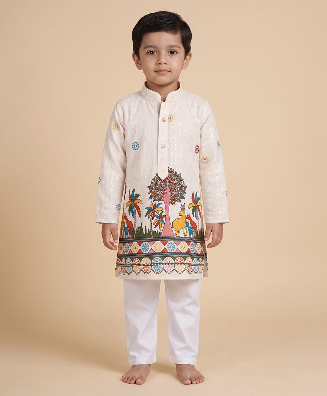 Ridokidz Cotton Woven Full Sleeves Floral Embroidered & Sequinned Kurta & Pyjama Set - Cream-picture-29