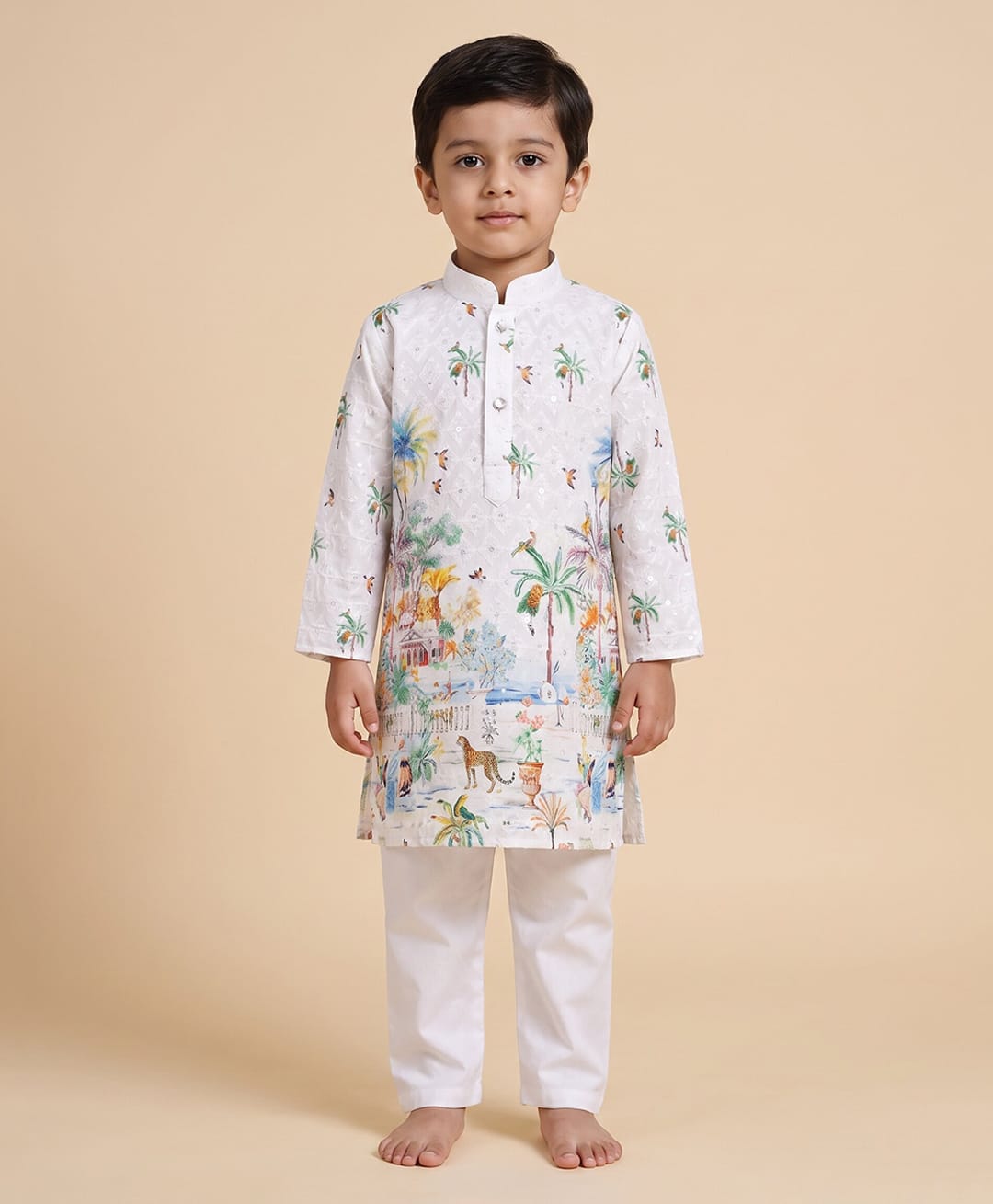 Ridokidz Cotton Woven Full Sleeve Kurta Pajama With Tropical Theme Print - White-picture-1