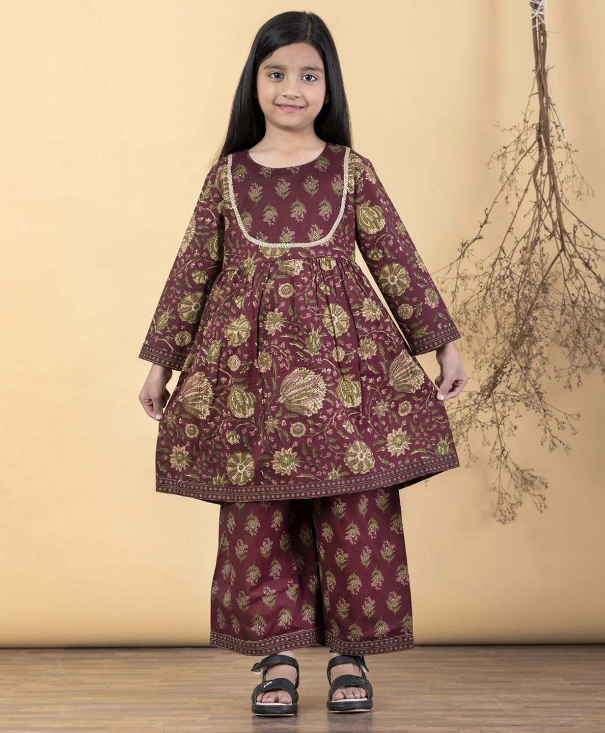 READIPRINT Pure Cotton Woven Full Sleeves Gota Lace Embellished & Floral Printed Kurti Palazzos Set - Maroon-picture-45