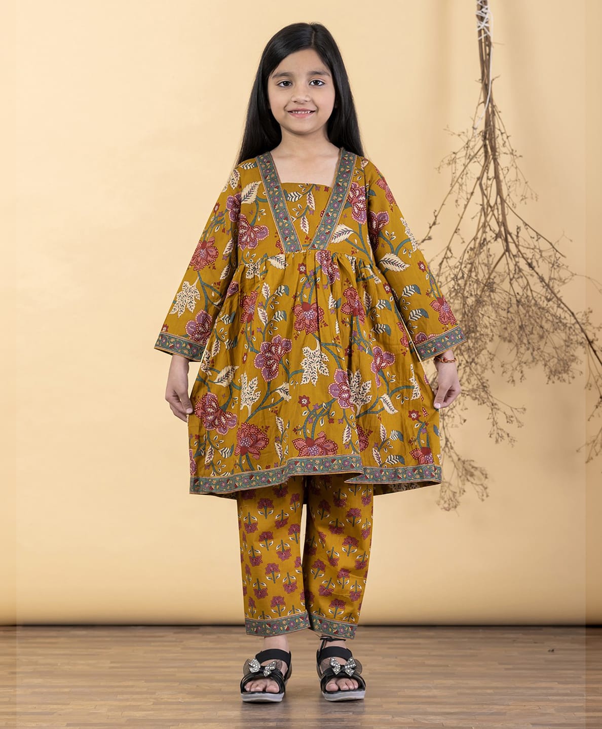 READIPRINT Pure Cotton Woven Full Sleeves Floral Printed Kurti Salwar Set - Mustard-picture-22
