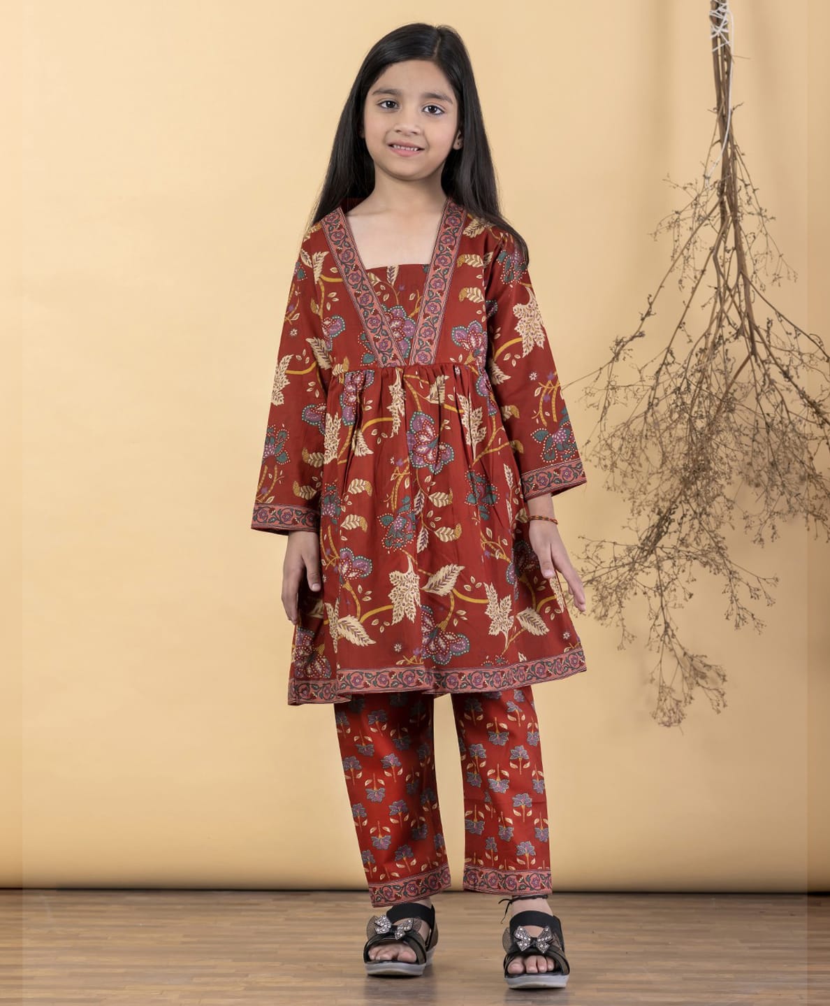 READIPRINT Pure Cotton Woven Full Sleeves Floral Printed Kurti Salwar Set - Red-picture-45