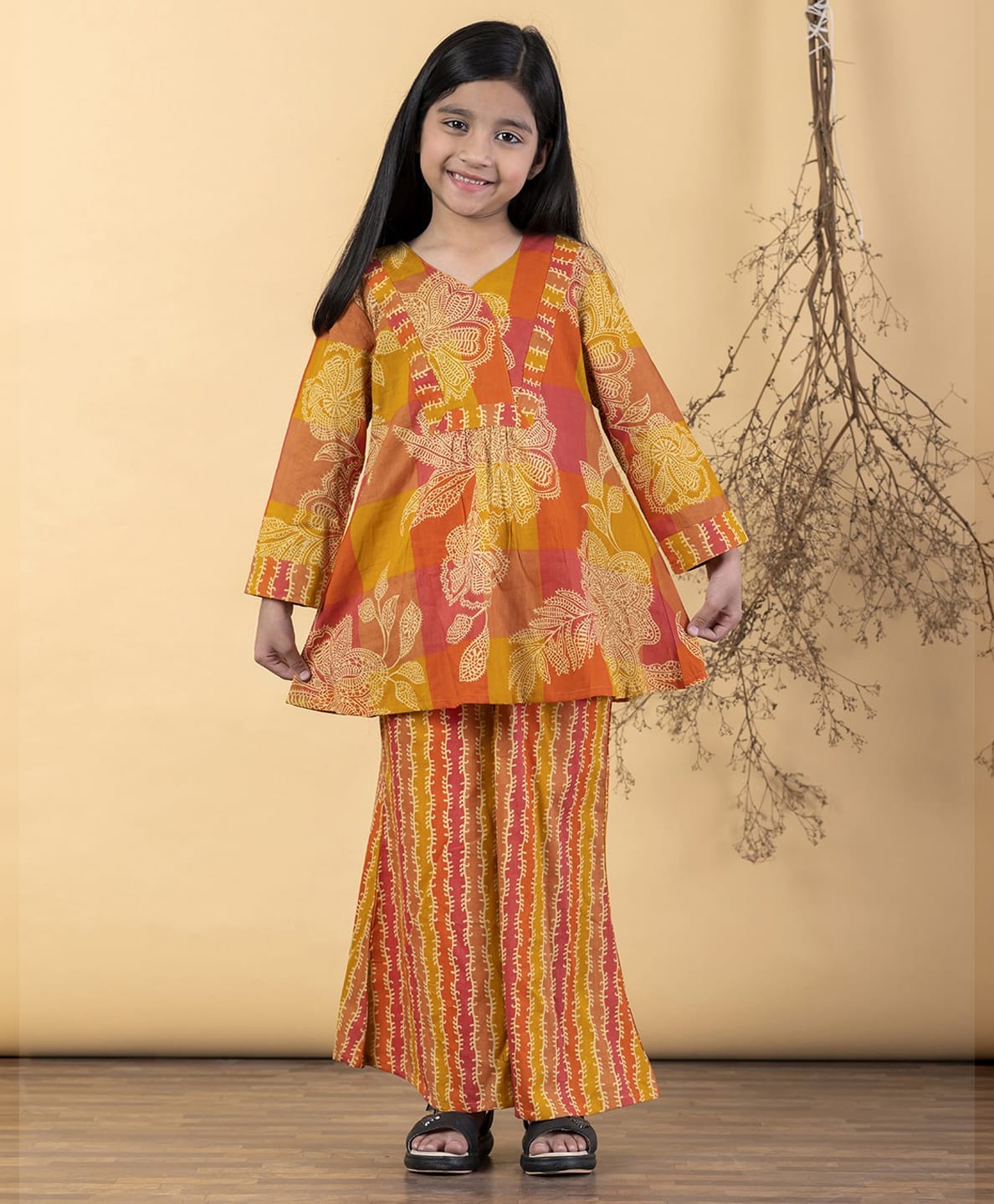 READIPRINT Pure Cotton Woven Full Sleeves Checked & Floral Printed Kurti Palazzos Set - Yellow-image-18