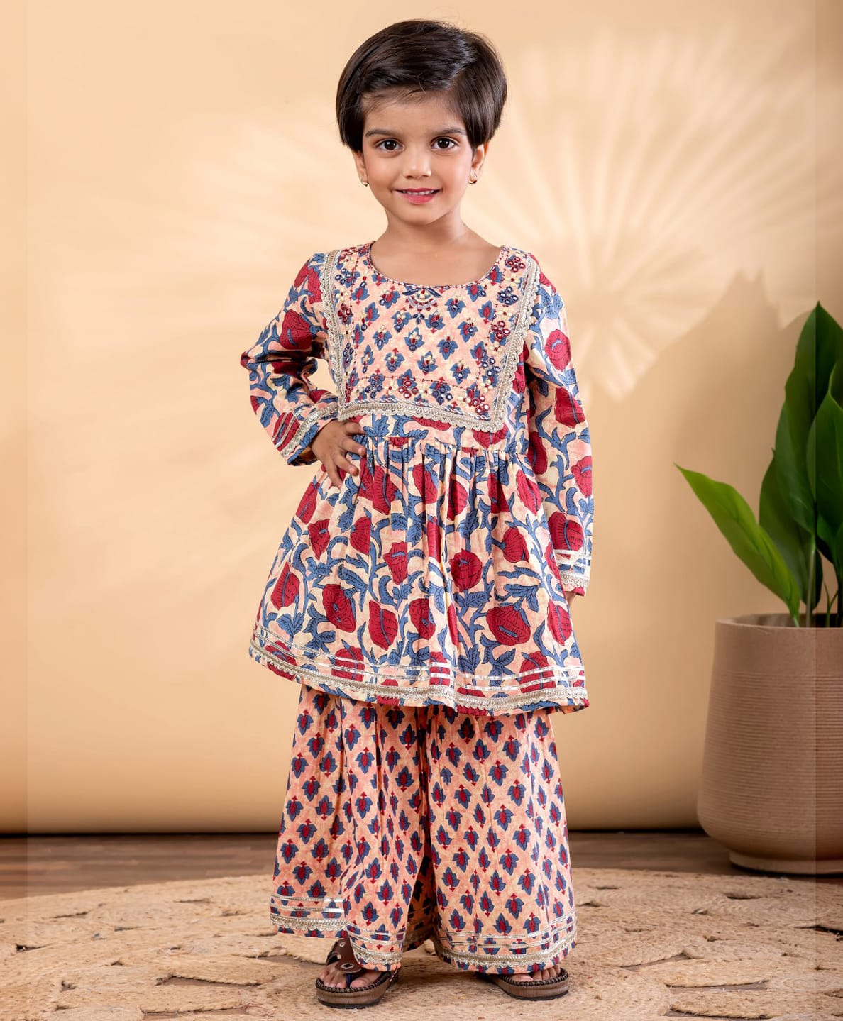 READIPRINT Pure Cotton Woven Full Sleeves Gota Lace Embellished & Floral Printed Kurti Sharara Set - Multi Colour-image-10