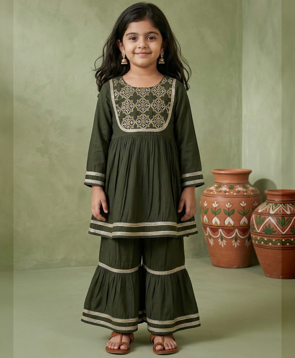 READIPRINT Chanderi Silk Woven Full Sleeves Gota Lace Embellished Ethnic Motifs Embroidered Kurti Sharara Set - Green-image-26