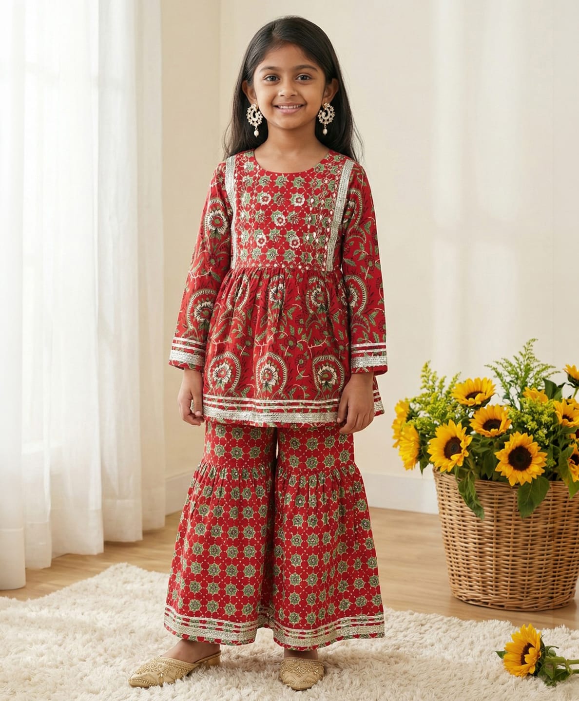 READIPRINT Pure Cotton Woven Full Sleeves Gota Lace Embellished & Ethnic Motifs Embroidered Kurti Sharara Set - Red-picture-40