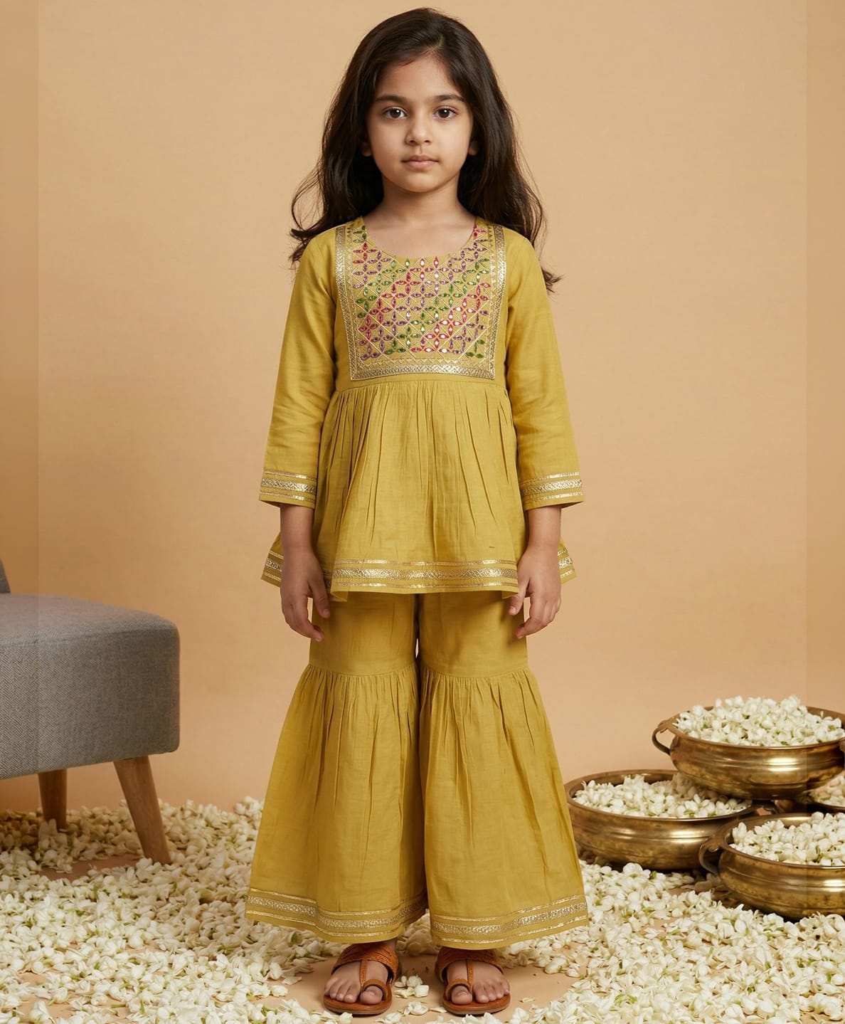 READIPRINT Pure Silk Woven Full Sleeves Mirror Work Detailed & Ethnic Motif Embroidered Kurti Sharara Set - Yellow-picture-31