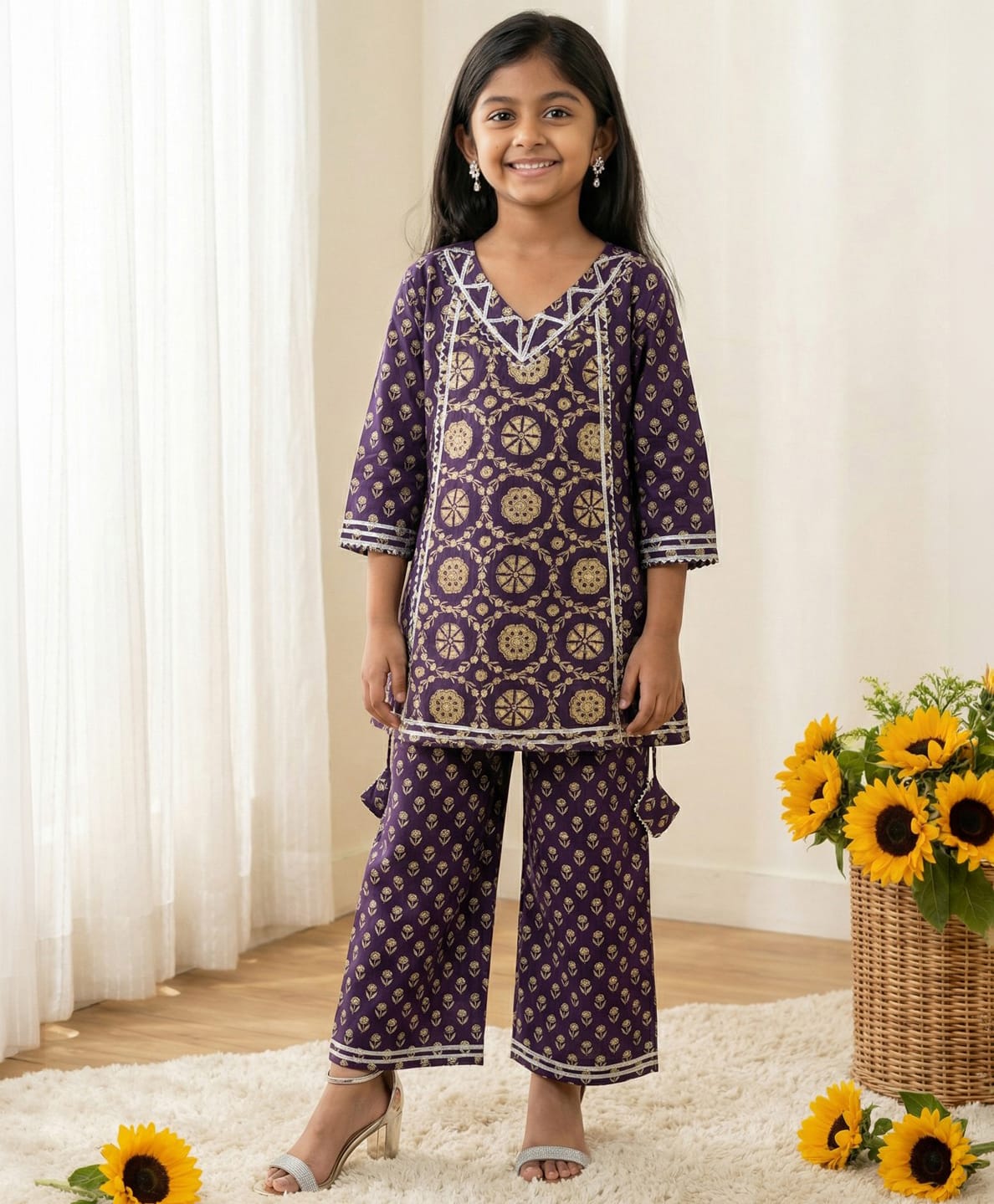 READIPRINT Pure Cotton Woven Three Fourth Sleeves Ethnic Motifs Printed Kurti Salwar Set - Purple-picture-34