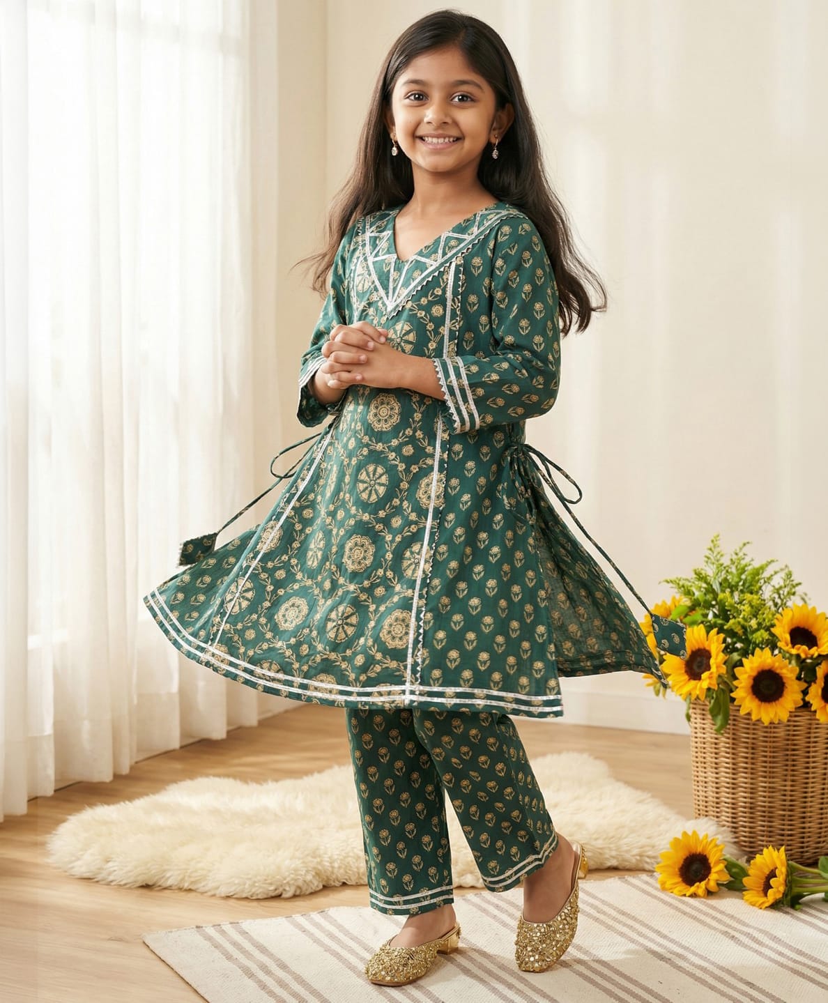 READIPRINT Pure Cotton Woven Three Fourth Sleeves Ethnic Motifs Printed Kurti Salwar Set - Green-picture-34