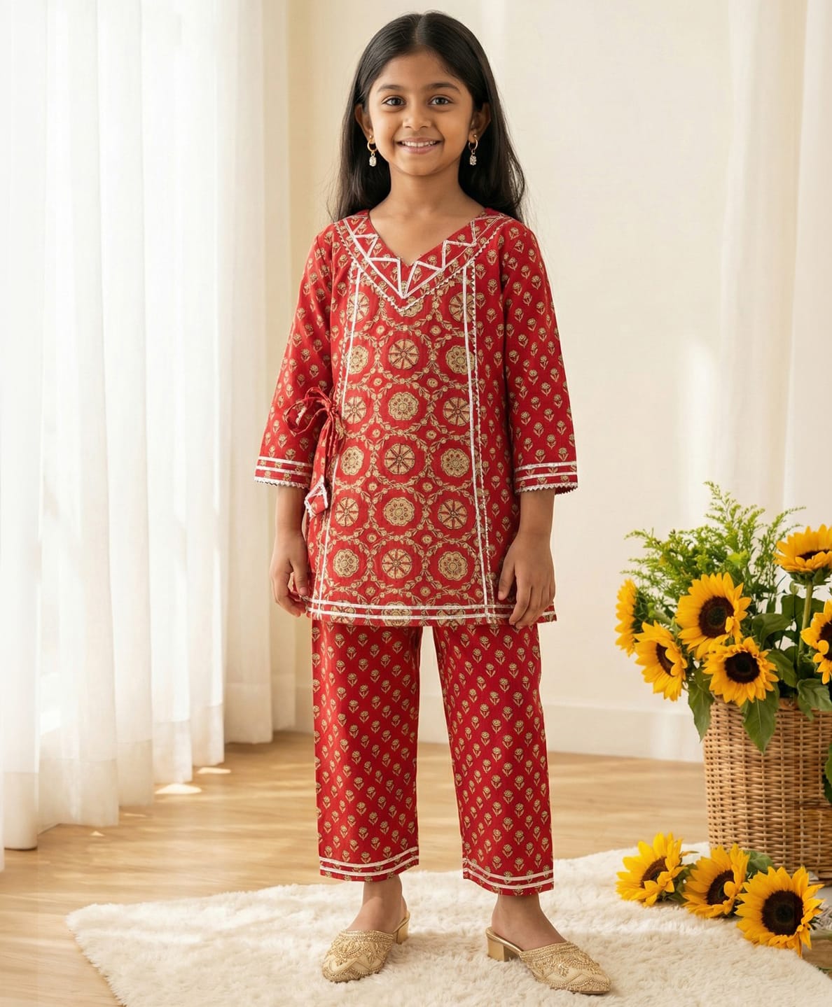 READIPRINT Pure Cotton Woven Three Fourth Sleeves Ethnic Motifs Printed Kurti Salwar Set - Red-picture-33