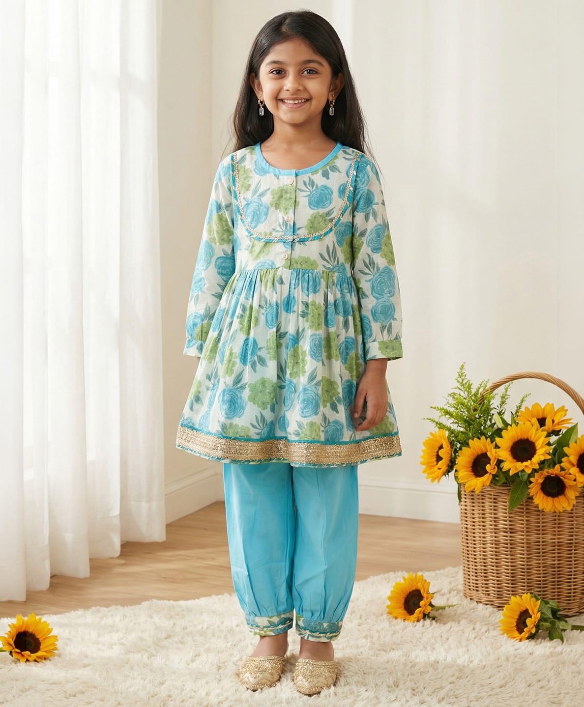 READIPRINT Cotton Woven Three Fourth Sleeves Gota Lace Embellished & Floral Printed Kurti Patiala Set - Blue-picture-17