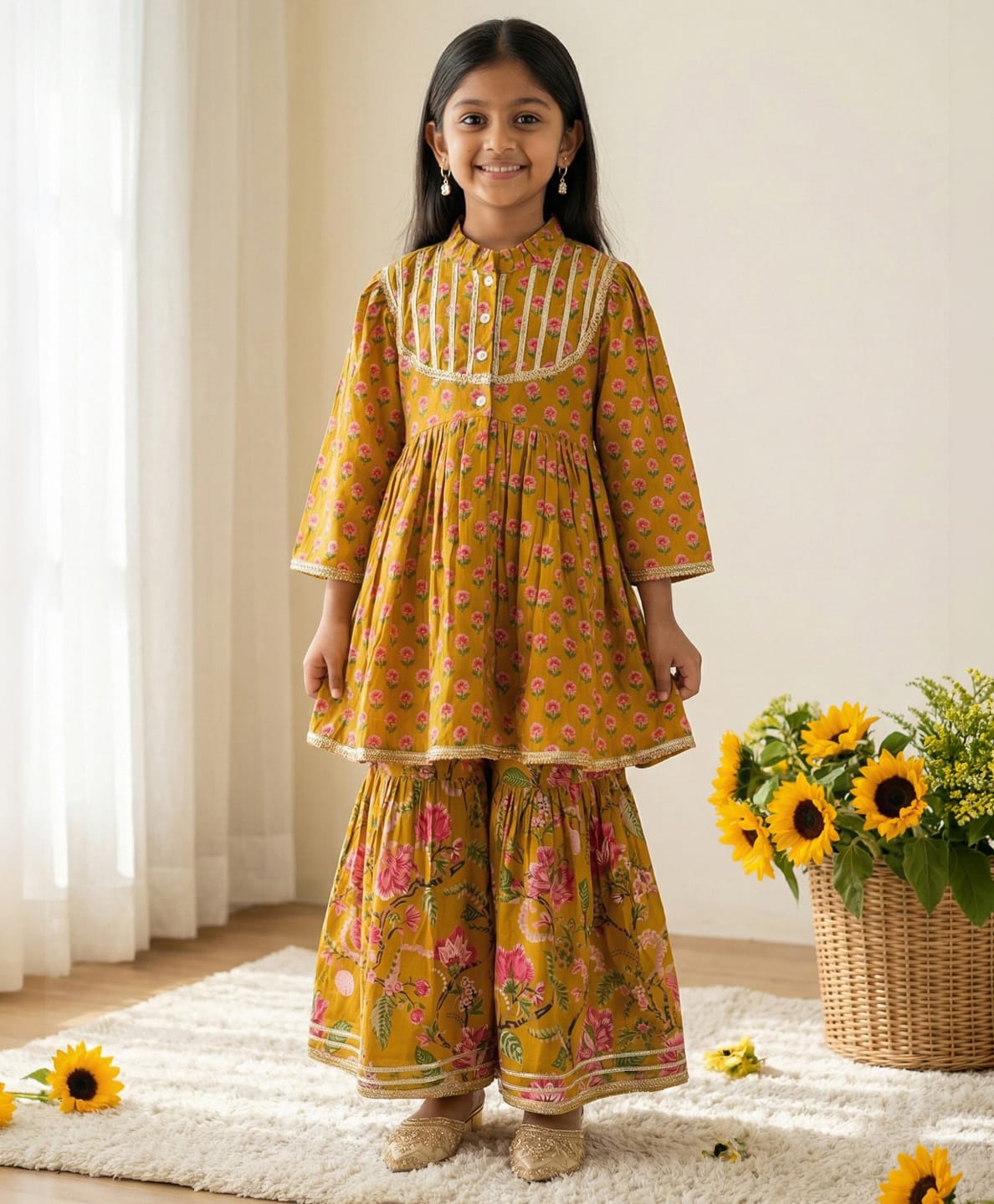 READIPRINT Pure Cotton Woven Three Fourth Sleeves Gota Lace Embellished & Floral Printed Kurti Sharara Set - Mustard-picture-37