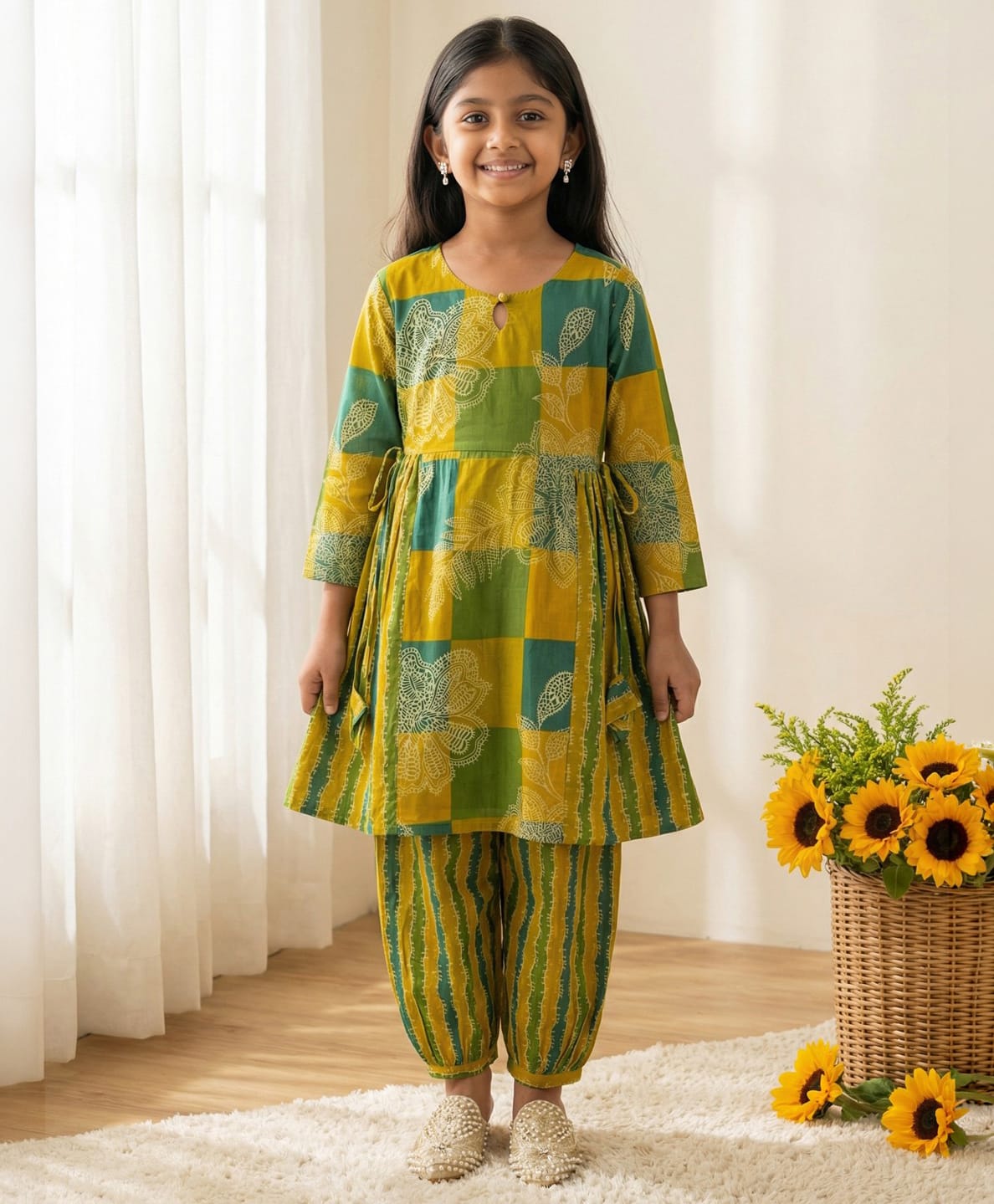 READIPRINT Pure Cotton Woven Three Fourth Sleeves Checked & Floral Printed Kurti Patiala Set - Yellow-image-9