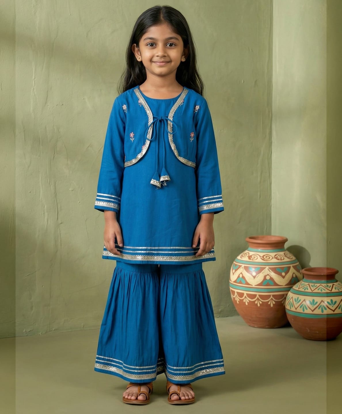 READIPRINT Pure Silk Woven Full Sleeves Gota Lace Embellished & Floral Embroidered Kurti With Attached Koti & Sharara Set - Blue-image-36